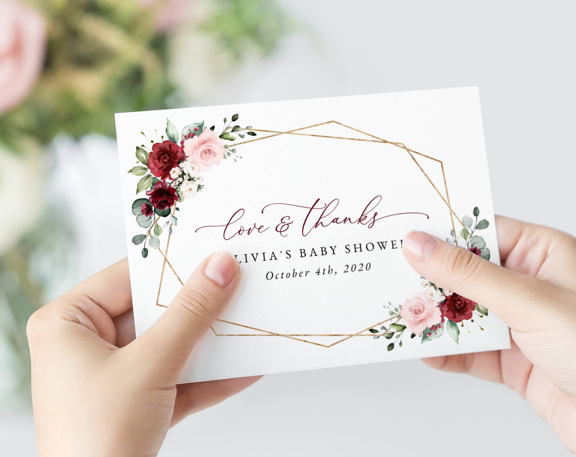 Burgundy and Pink Flowers Thank You Card, Girl Baby Shower, Printable File, Edit Yourself, SH213