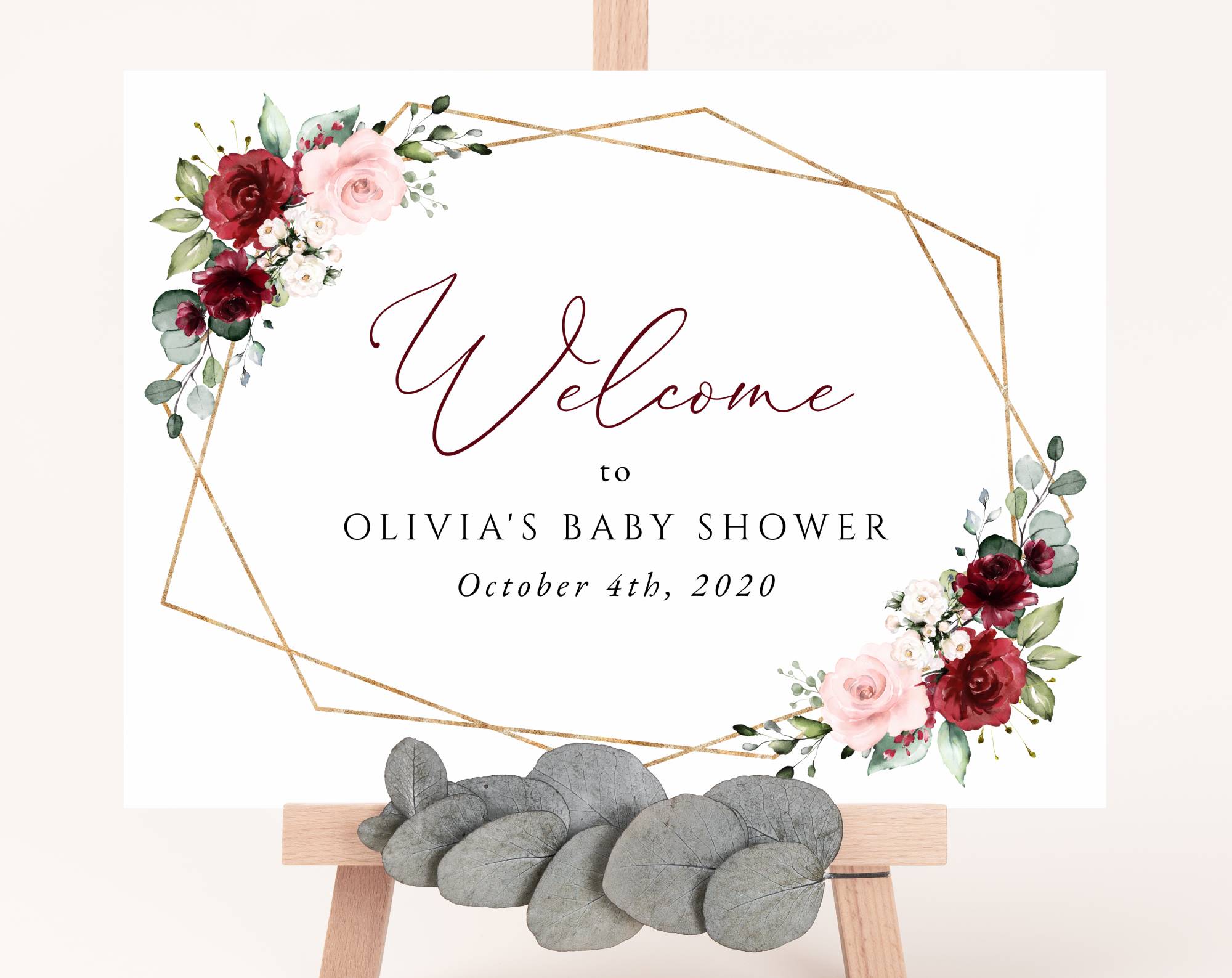 Burgundy and Pink Flowers Welcome Sign, Baby Shower Sign, Girl Baby Shower, Printable File, Edit Yourself, SH213