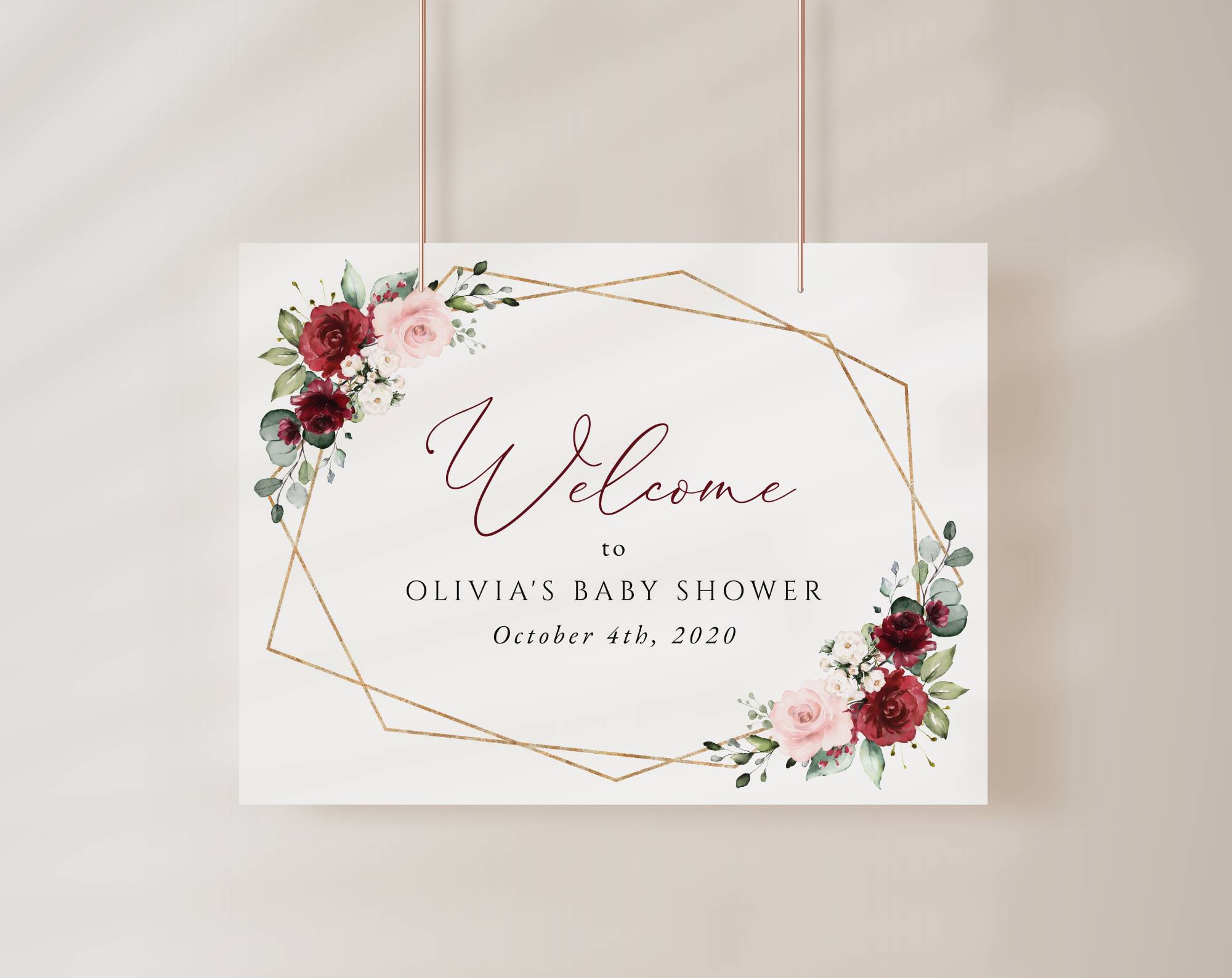Burgundy and Pink Flowers Welcome Sign, Baby Shower Sign, Girl Baby Shower, Printable File, Edit Yourself, SH213