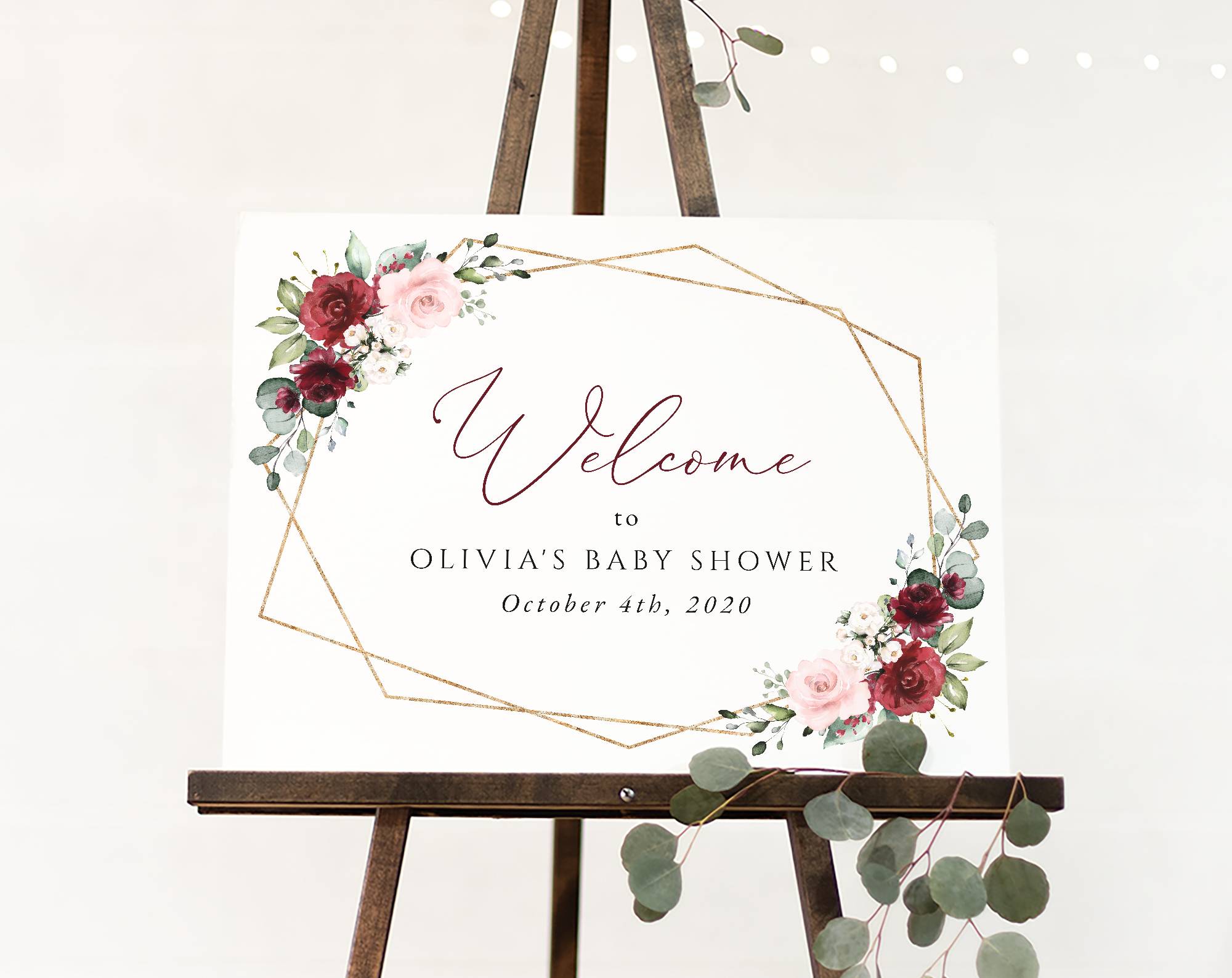 Burgundy and Pink Flowers Welcome Sign, Baby Shower Sign, Girl Baby Shower, Printable File, Edit Yourself, SH213