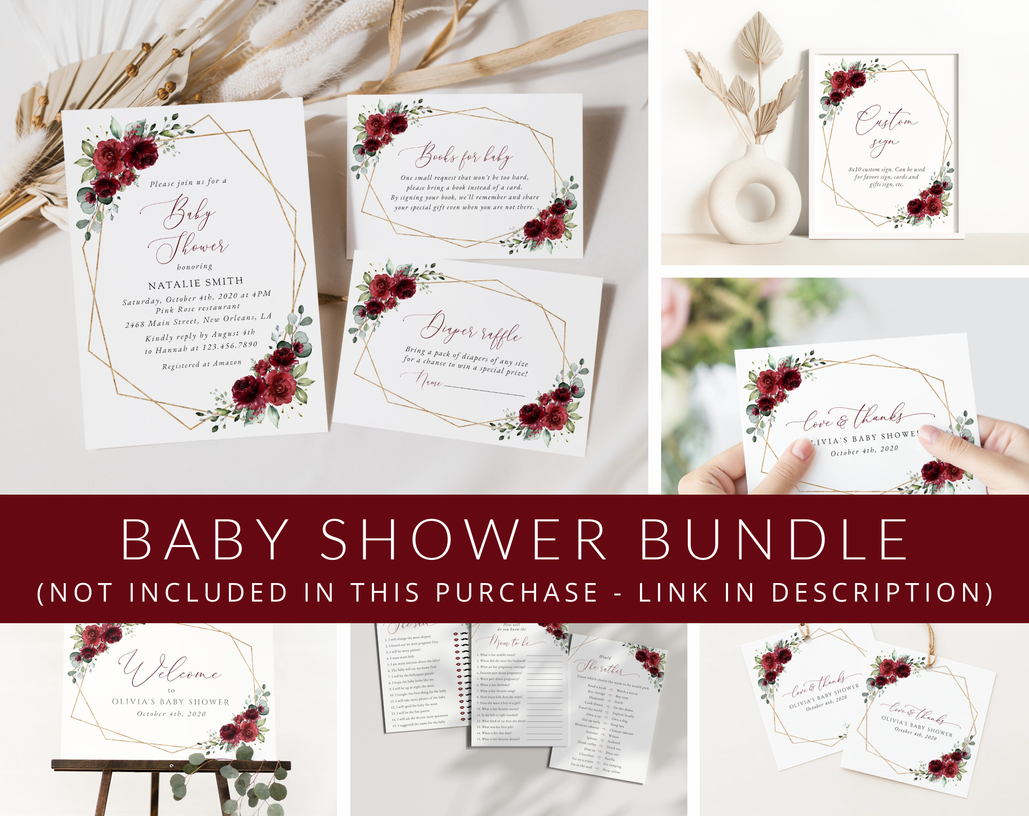 Burgundy Red Flowers Baby Shower Mini Bundle, Girl Baby Shower, Printable File, Edit Yourself, SH214