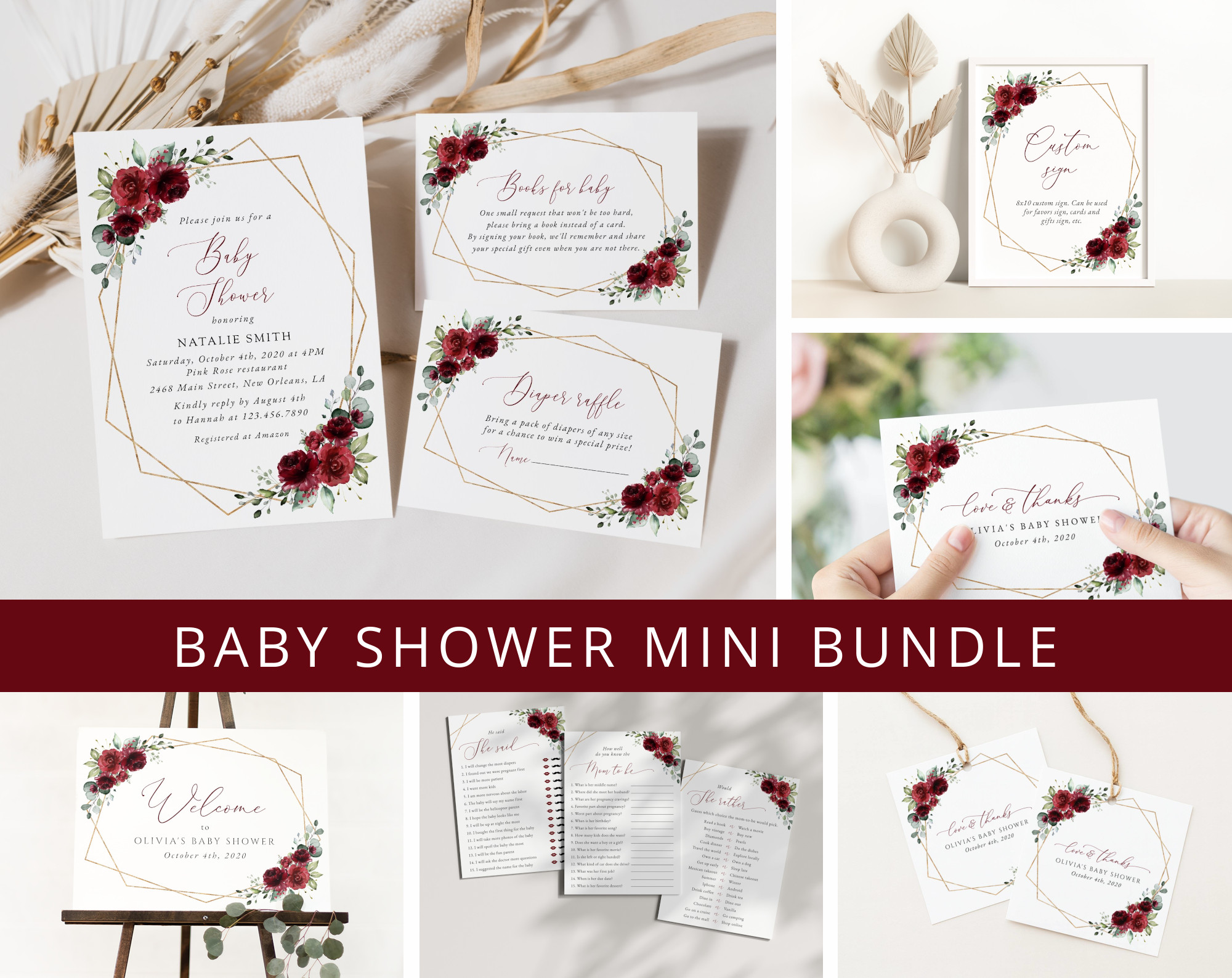 Burgundy Red Flowers Baby Shower Mini Bundle, Girl Baby Shower, Printable File, Edit Yourself, SH214
