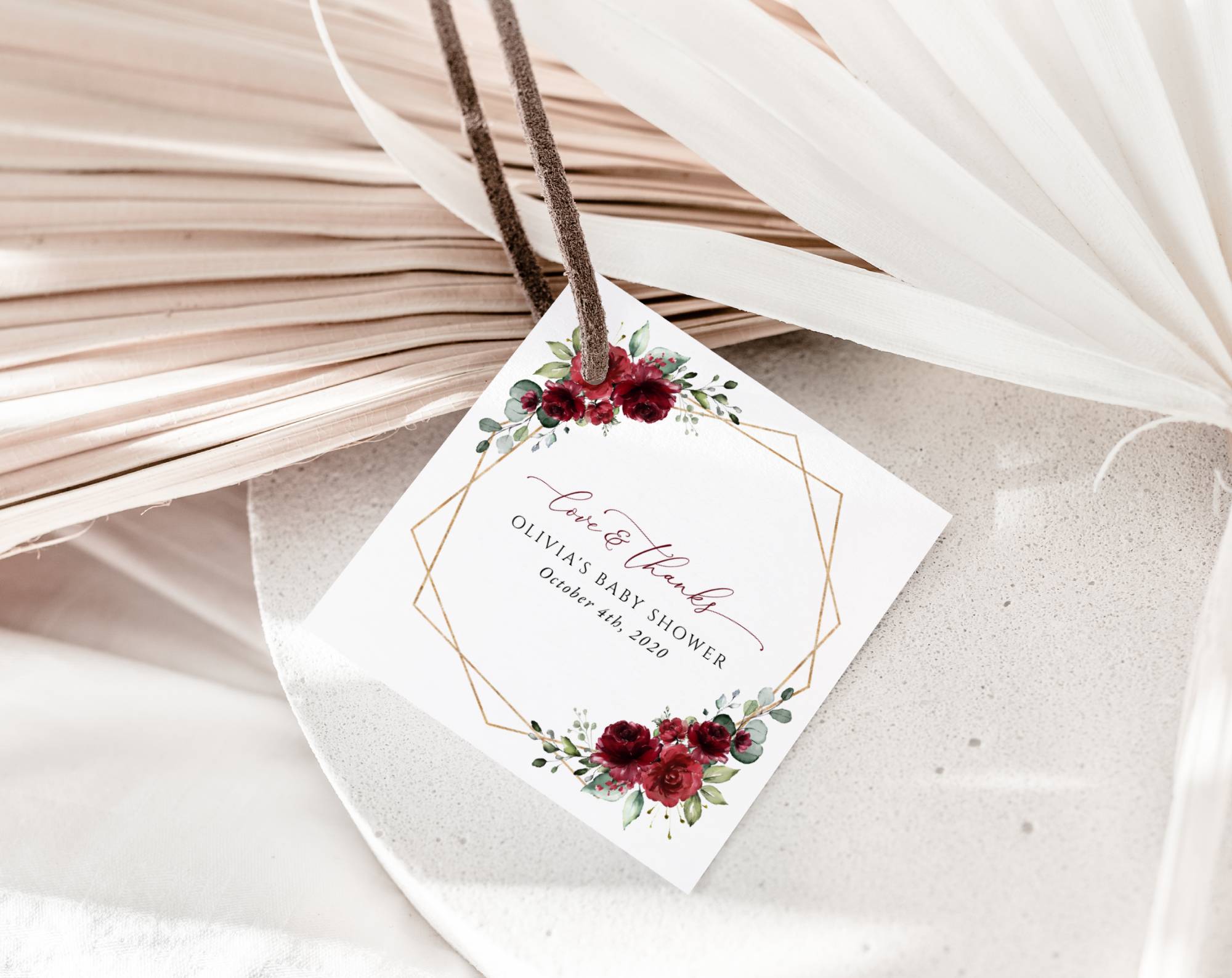 Burgundy Red Flowers Favor Tags, Gift Tags, Girl Baby Shower, Printable File, Edit Yourself, SH214