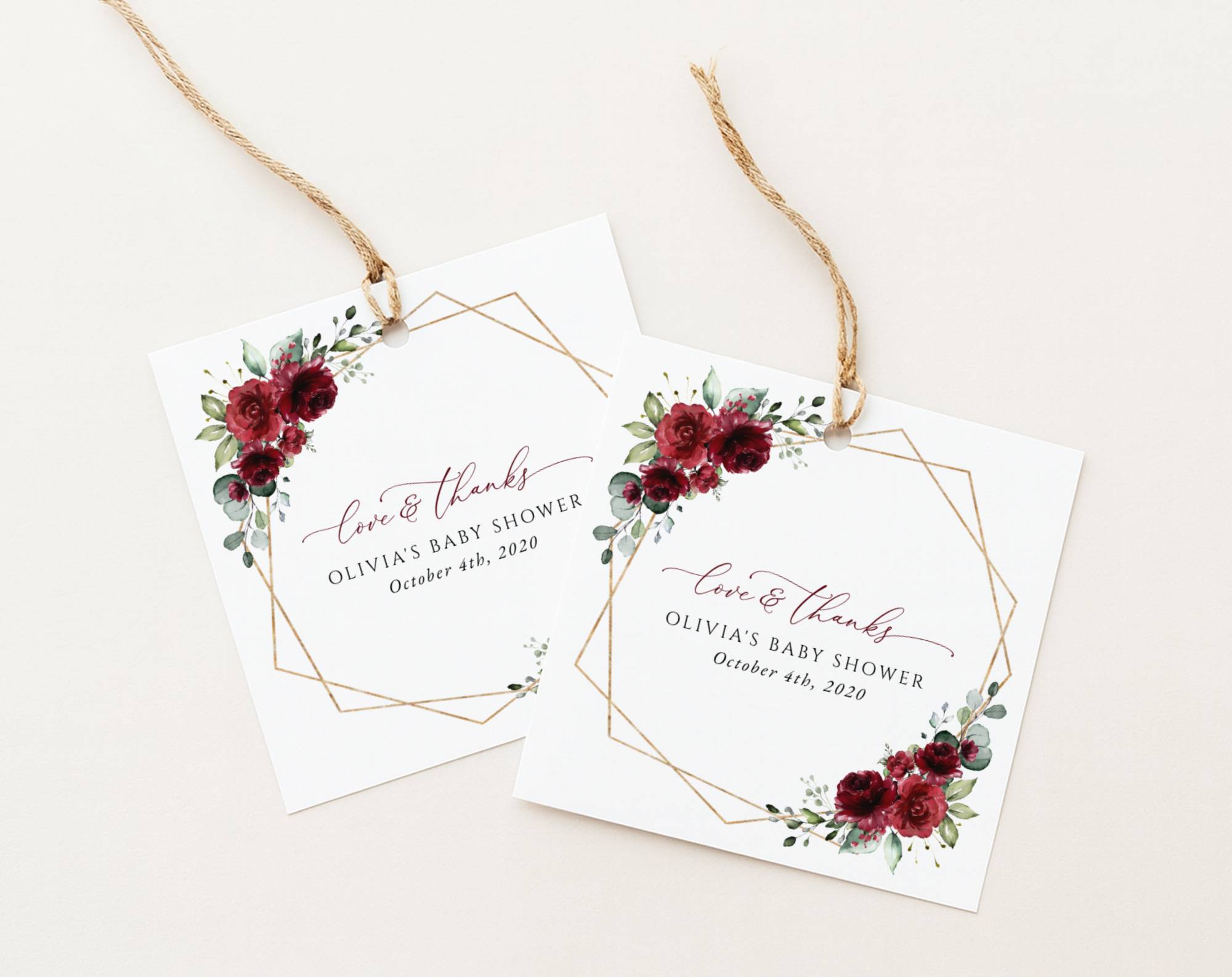 Burgundy Red Flowers Favor Tags, Gift Tags, Girl Baby Shower, Printable File, Edit Yourself, SH214