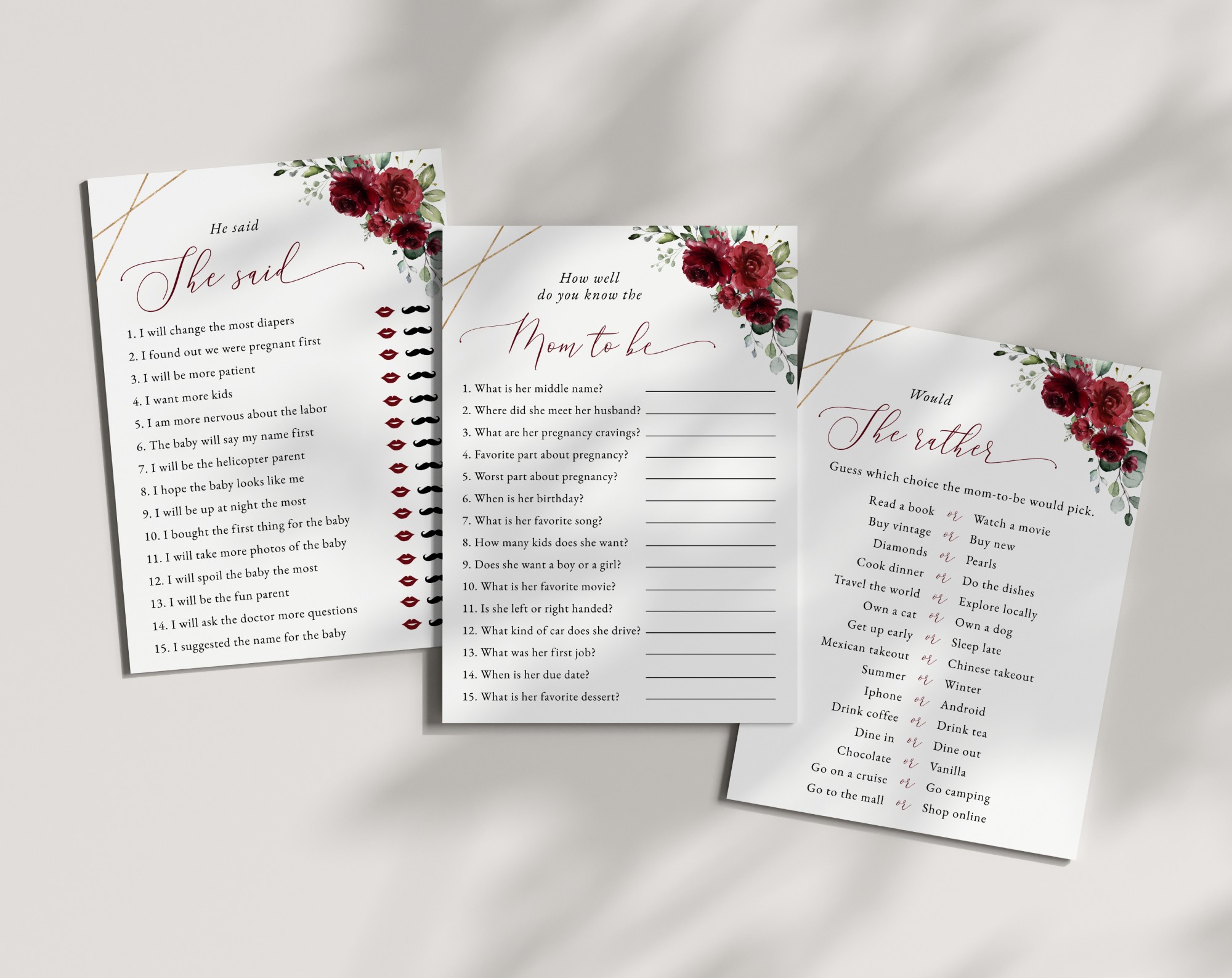 Burgundy Red Flowers Baby Shower Games, Set of 3 Games, Girl Baby Shower, Printable File, Edit Yourself, SH214