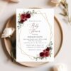 Burgundy Red Flowers Baby Shower Invitation, Girl Baby Shower, Printable File, Edit Yourself, SH214
