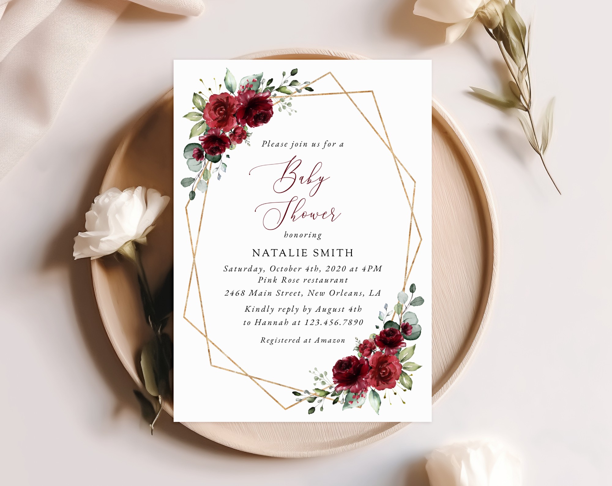 Burgundy Red Flowers Baby Shower Invitation, Girl Baby Shower, Printable File, Edit Yourself, SH214