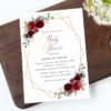 Burgundy Red Flowers Baby Shower Invitation, Girl Baby Shower, Printable File, Edit Yourself, SH214