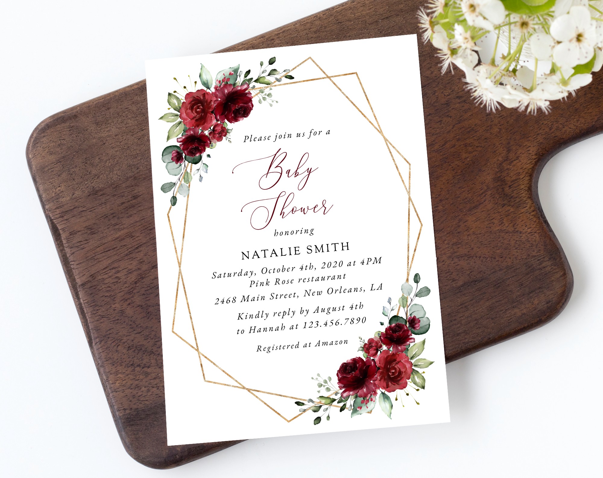 Burgundy Red Flowers Baby Shower Invitation, Girl Baby Shower, Printable File, Edit Yourself, SH214