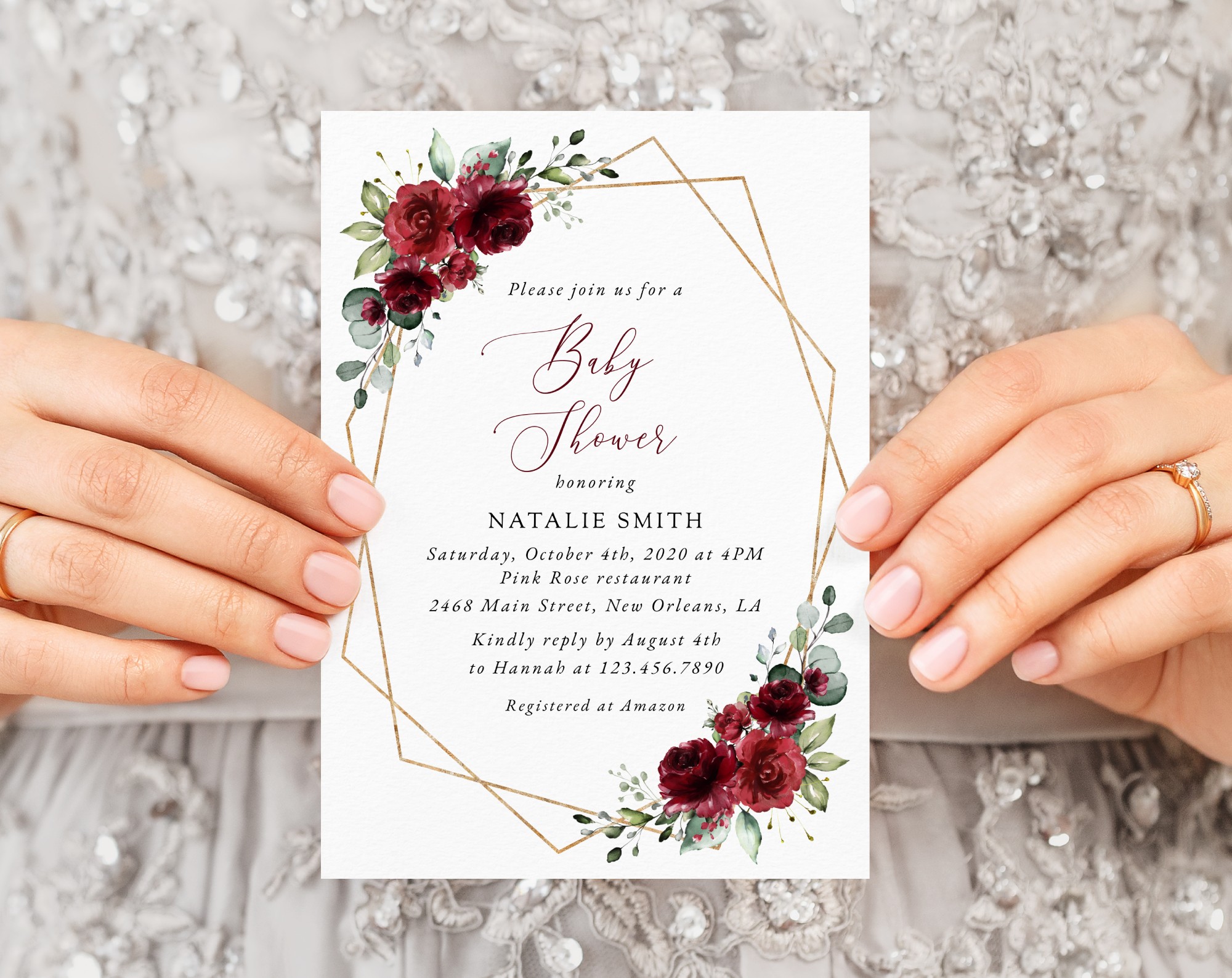 Burgundy Red Flowers Baby Shower Invitation, Girl Baby Shower, Printable File, Edit Yourself, SH214
