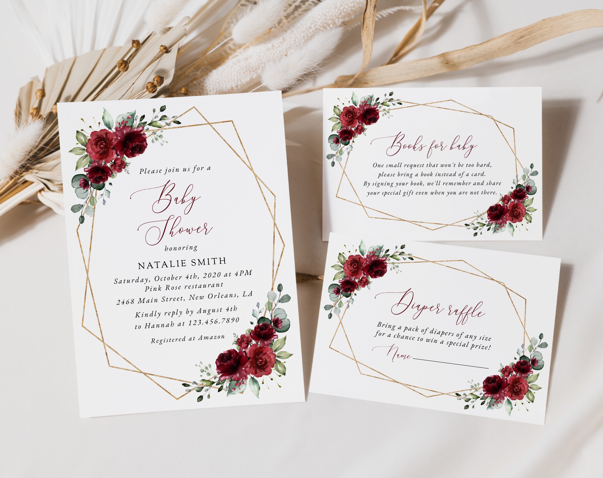 Burgundy Red Flowers Baby Shower Invitation Suite, Girl Baby Shower, Printable File, Edit Yourself, SH214