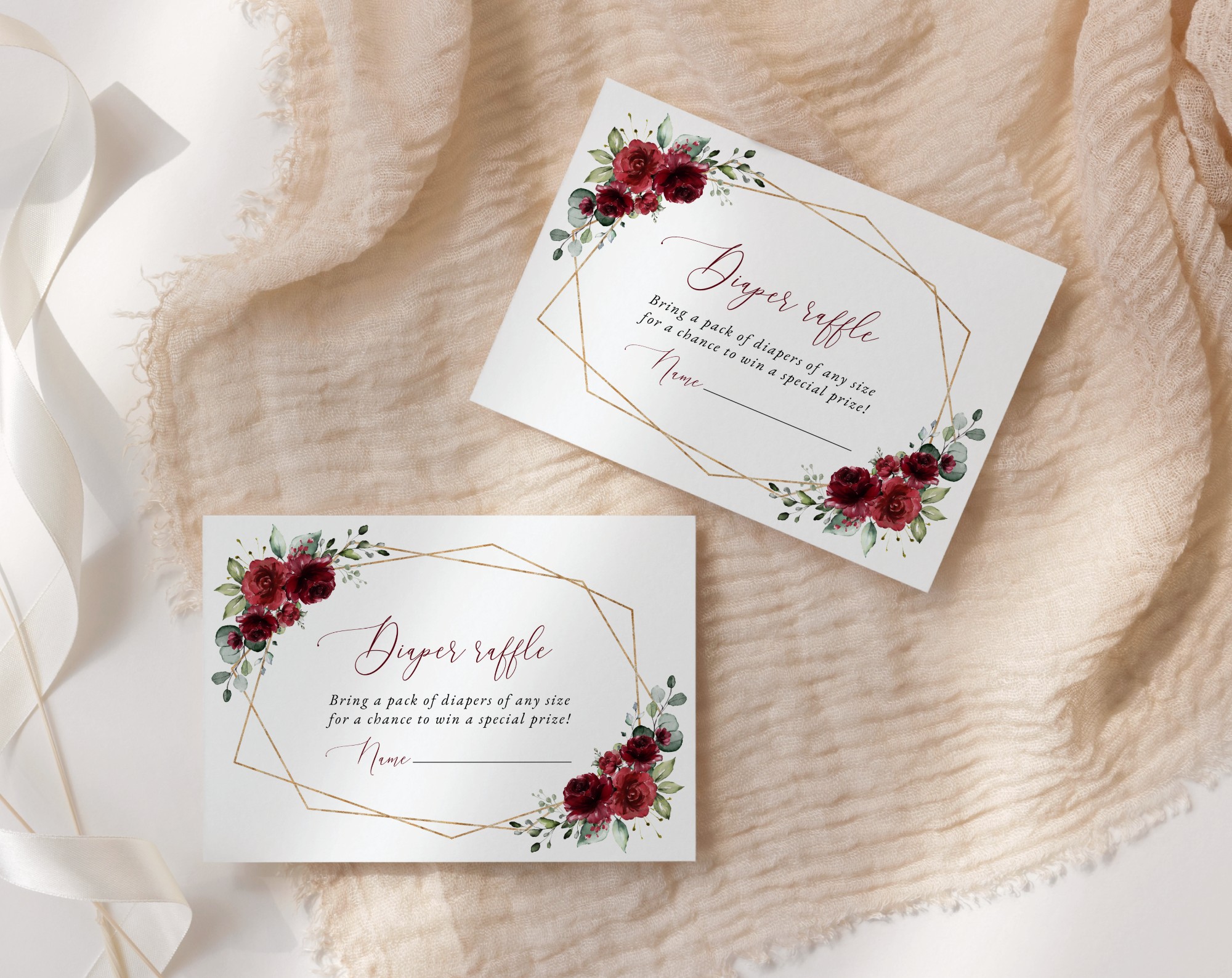 Burgundy Red Flowers Baby Shower Invitation Suite, Girl Baby Shower, Printable File, Edit Yourself, SH214