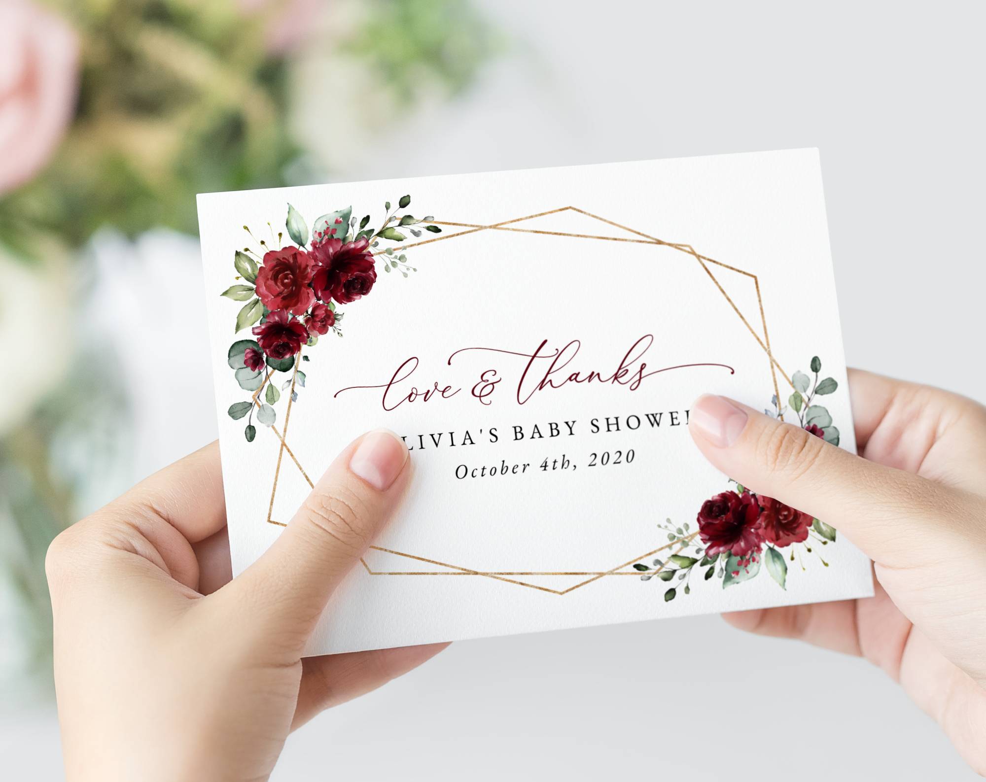 Burgundy Red Flowers Thank You Card, Girl Baby Shower, Printable File, Edit Yourself, SH214