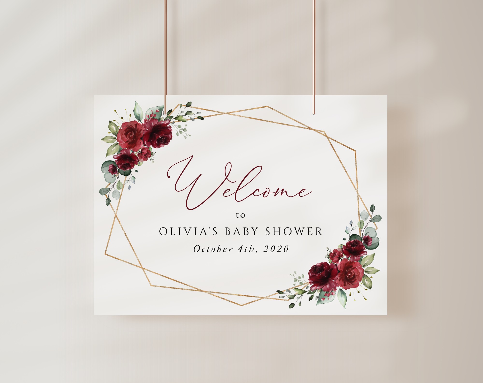 Burgundy Red Flowers Welcome Sign, Baby Shower Sign, Girl Baby Shower, Printable File, Edit Yourself, SH214