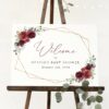Burgundy Red Flowers Welcome Sign, Baby Shower Sign, Girl Baby Shower, Printable File, Edit Yourself, SH214