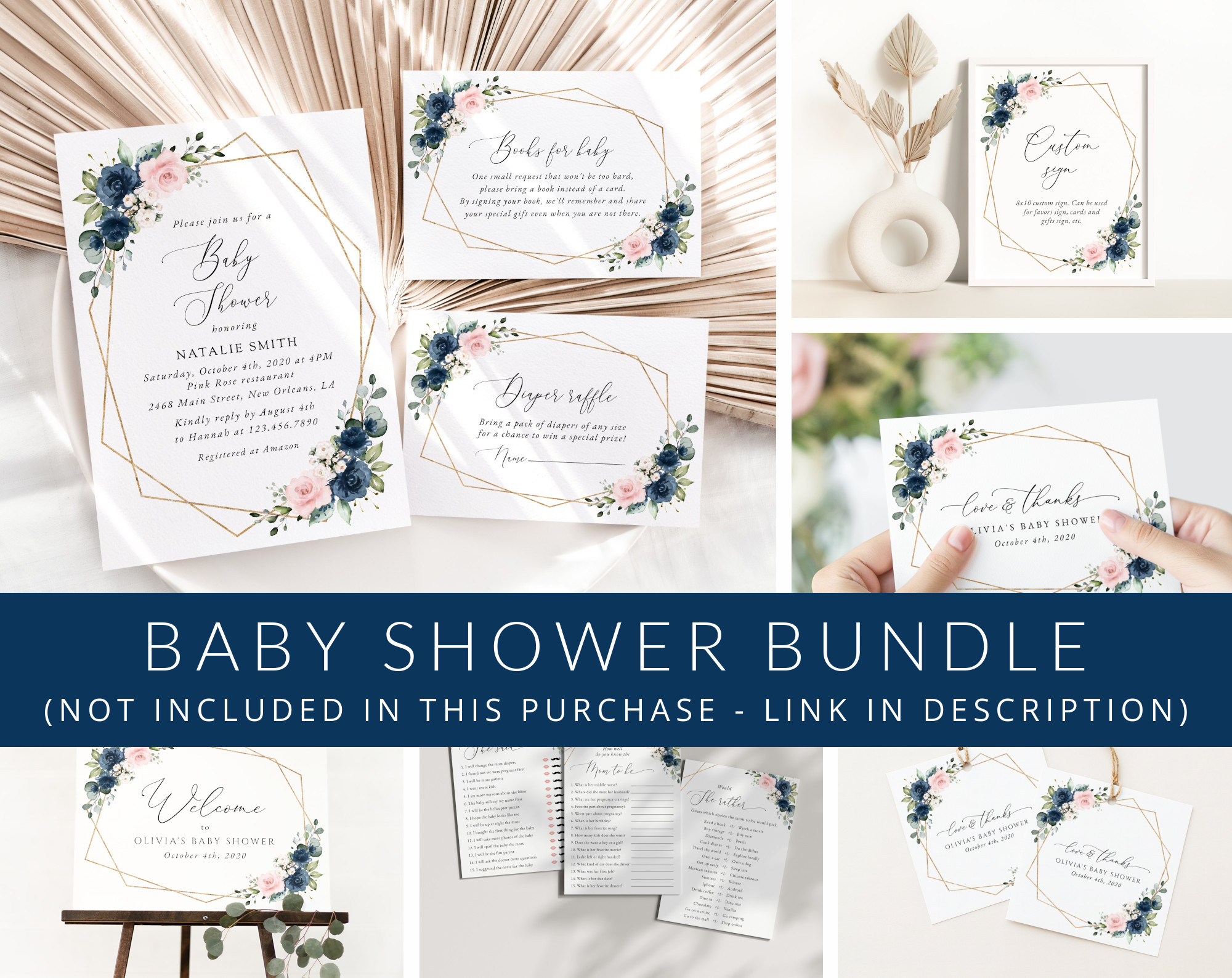 Navy and Pink Flowers Baby Shower Mini Bundle, Girl Baby Shower, Printable File, Edit Yourself, SH215