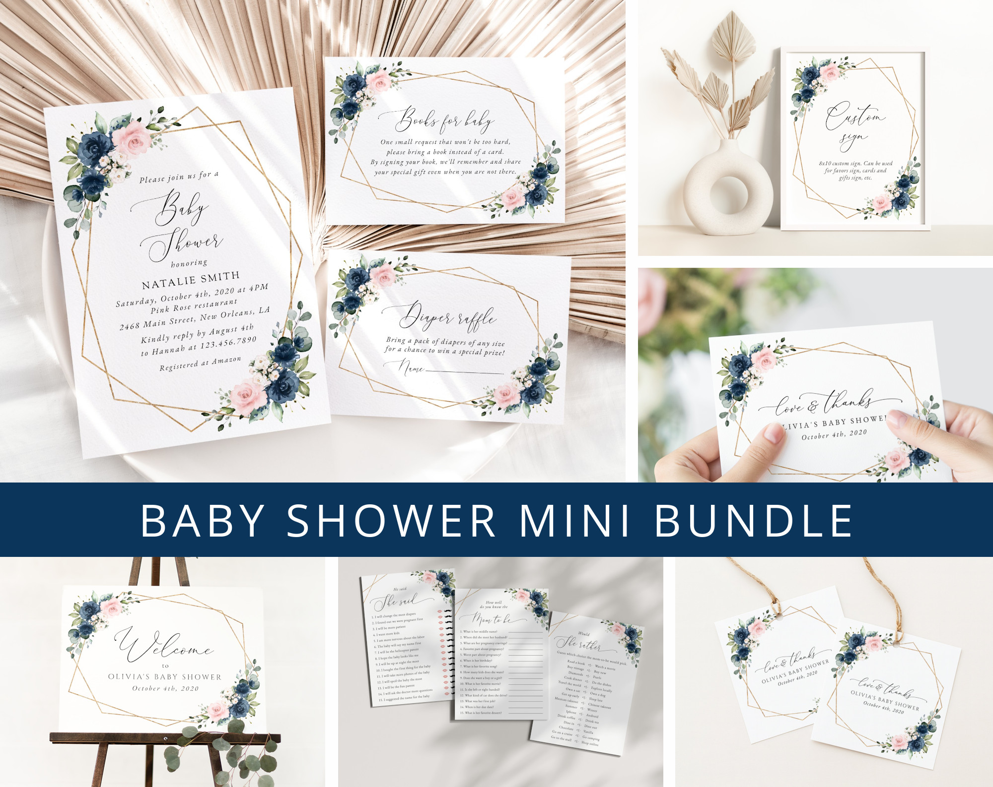 Navy and Pink Flowers Baby Shower Mini Bundle, Girl Baby Shower, Printable File, Edit Yourself, SH215