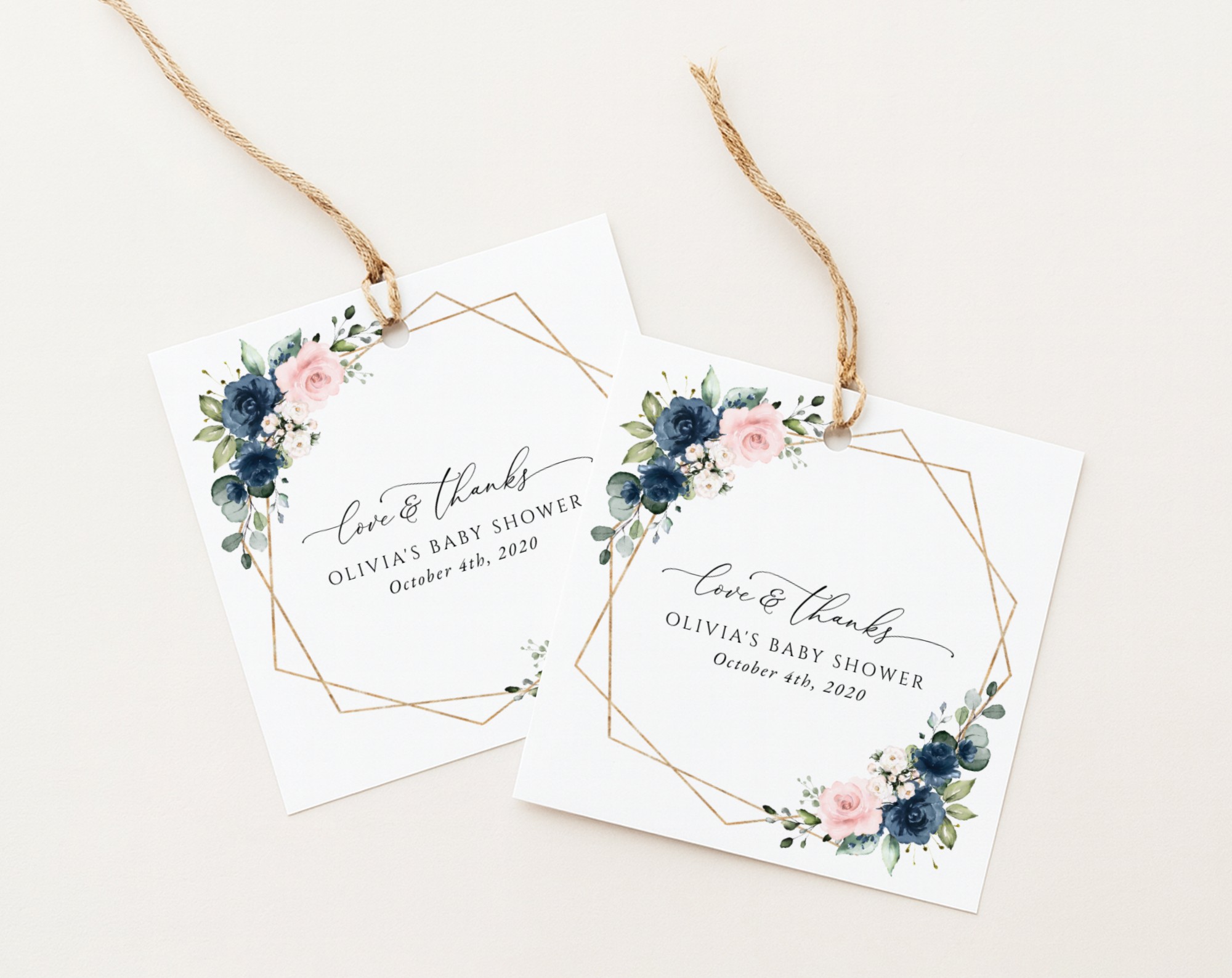 Navy and Pink Flowers Favor Tags, Gift Tags, Girl Baby Shower, Printable File, Edit Yourself, SH215