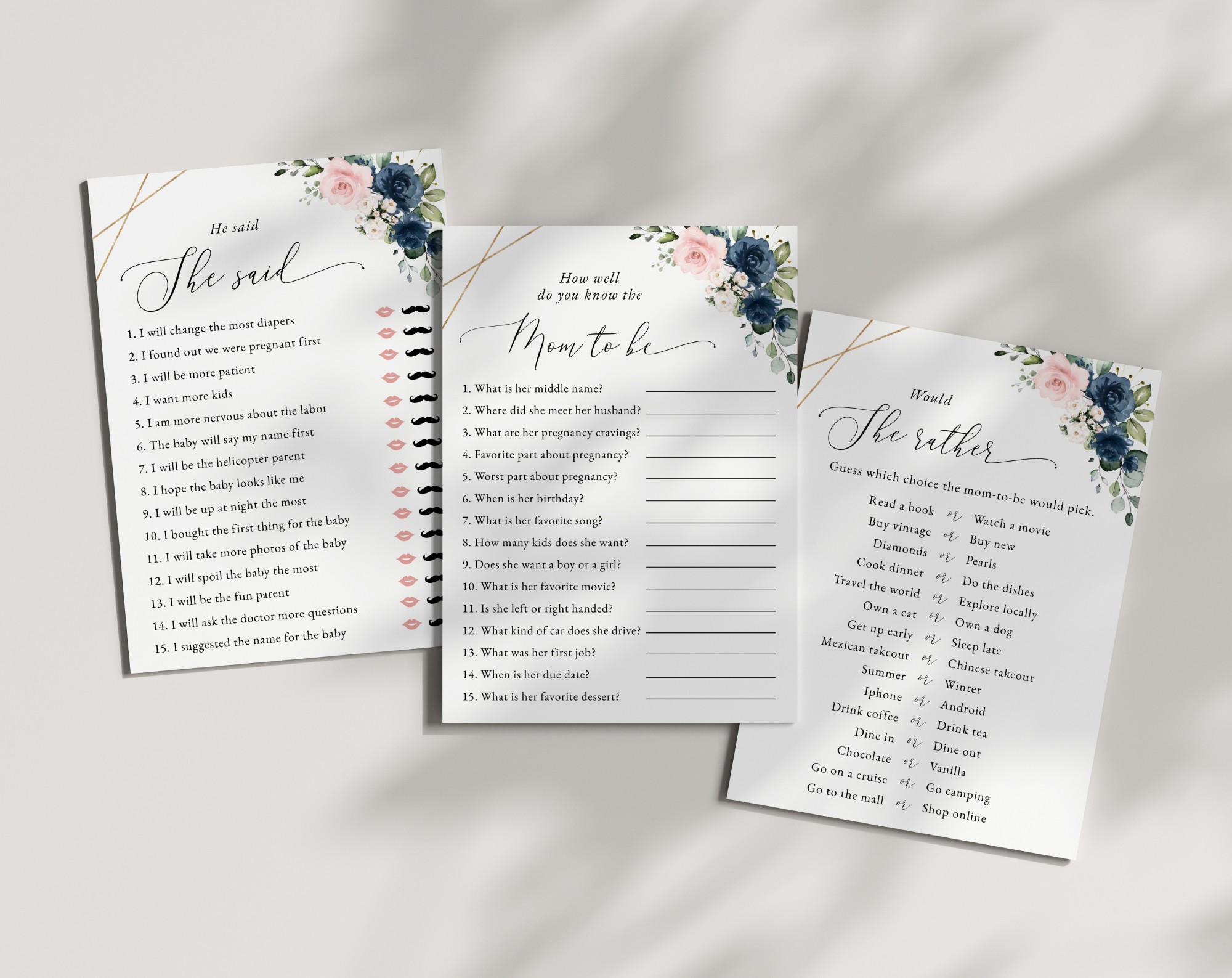 Navy and Pink Flowers Baby Shower Games, Set of 3 Games, Girl Baby Shower, Printable File, Edit Yourself, SH215