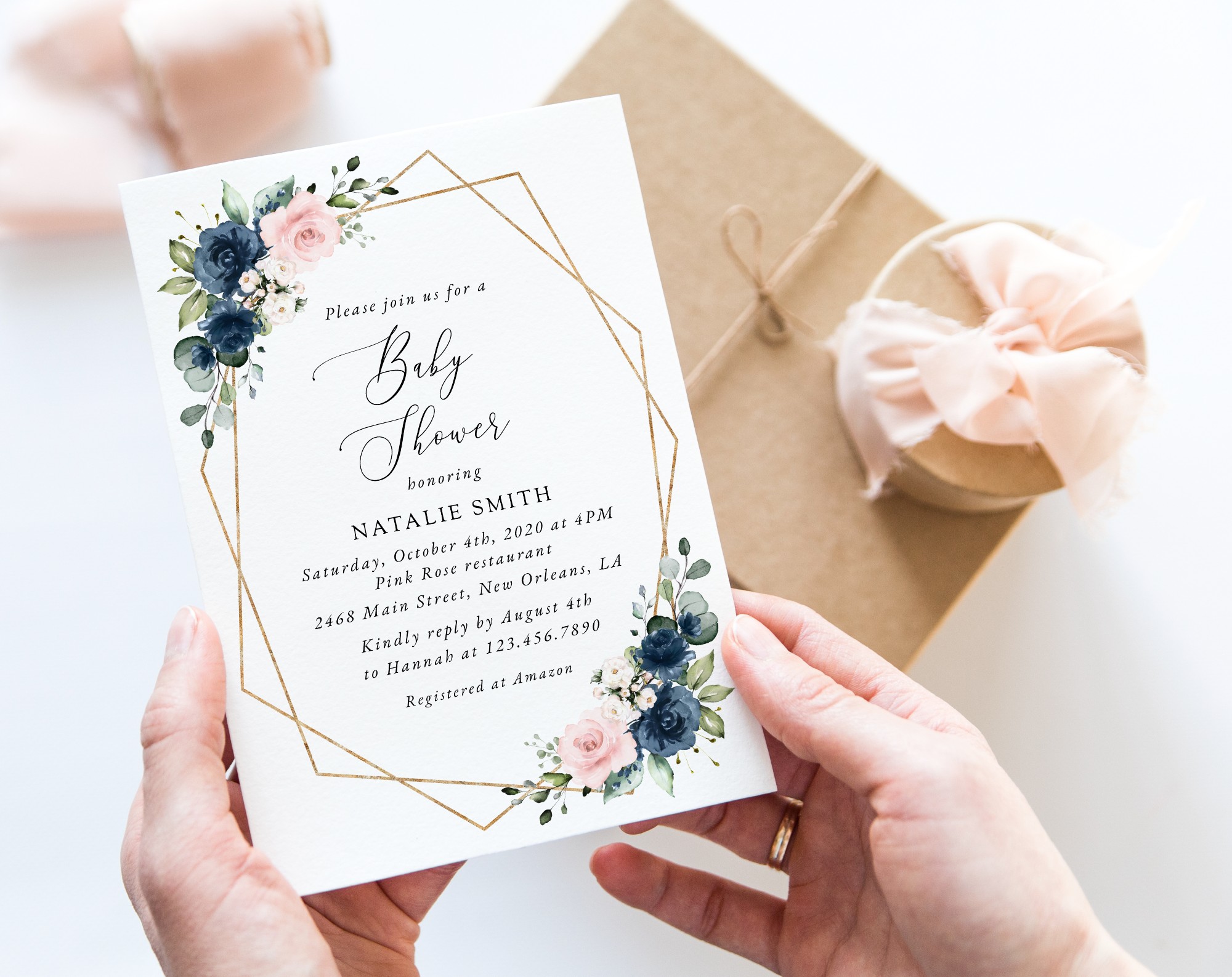 Navy and Pink Flowers Baby Shower Invitation, Girl Baby Shower, Printable File, Edit Yourself, SH215