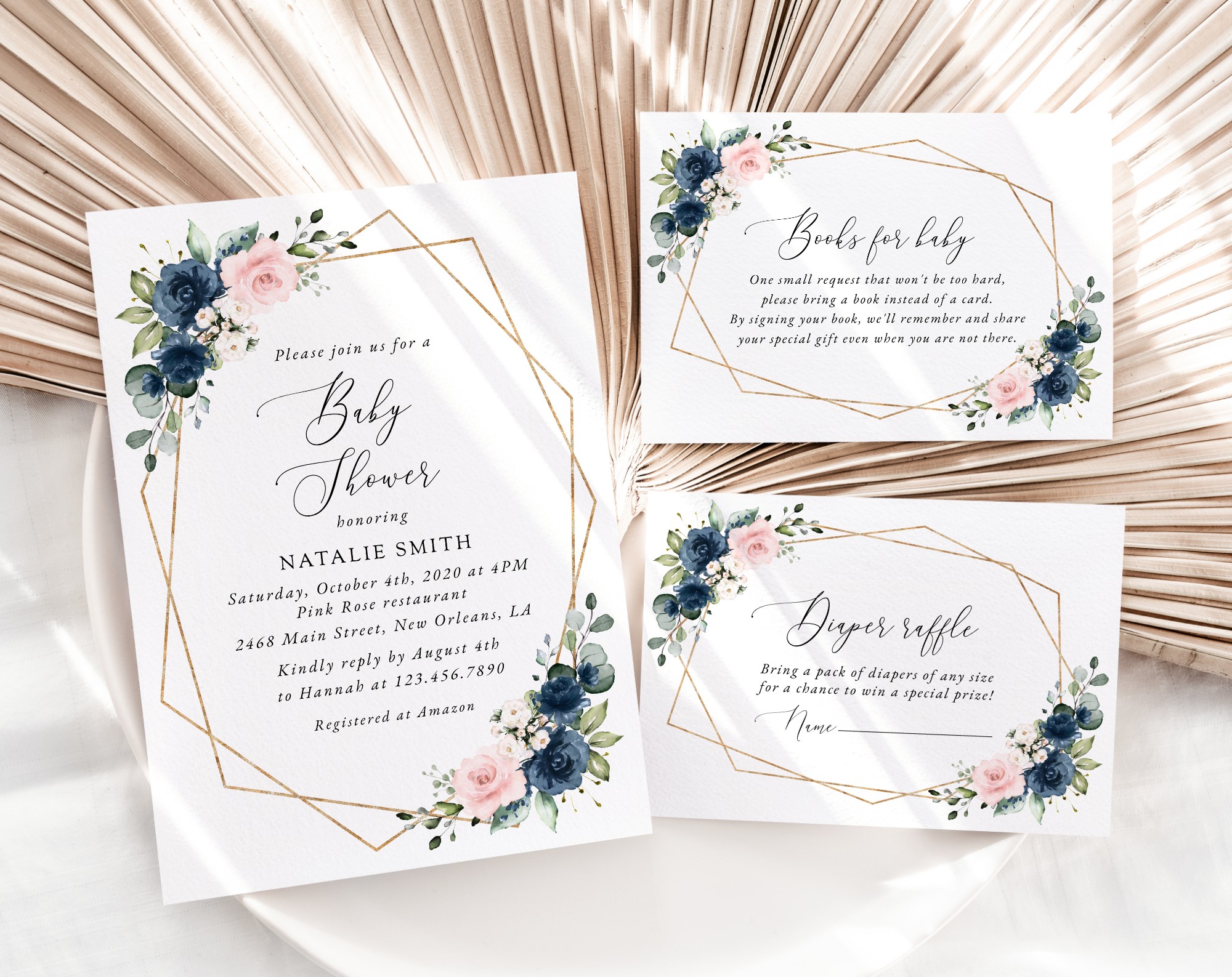 Navy and Pink Flowers Baby Shower Invitation Suite, Girl Baby Shower, Printable File, Edit Yourself, SH215