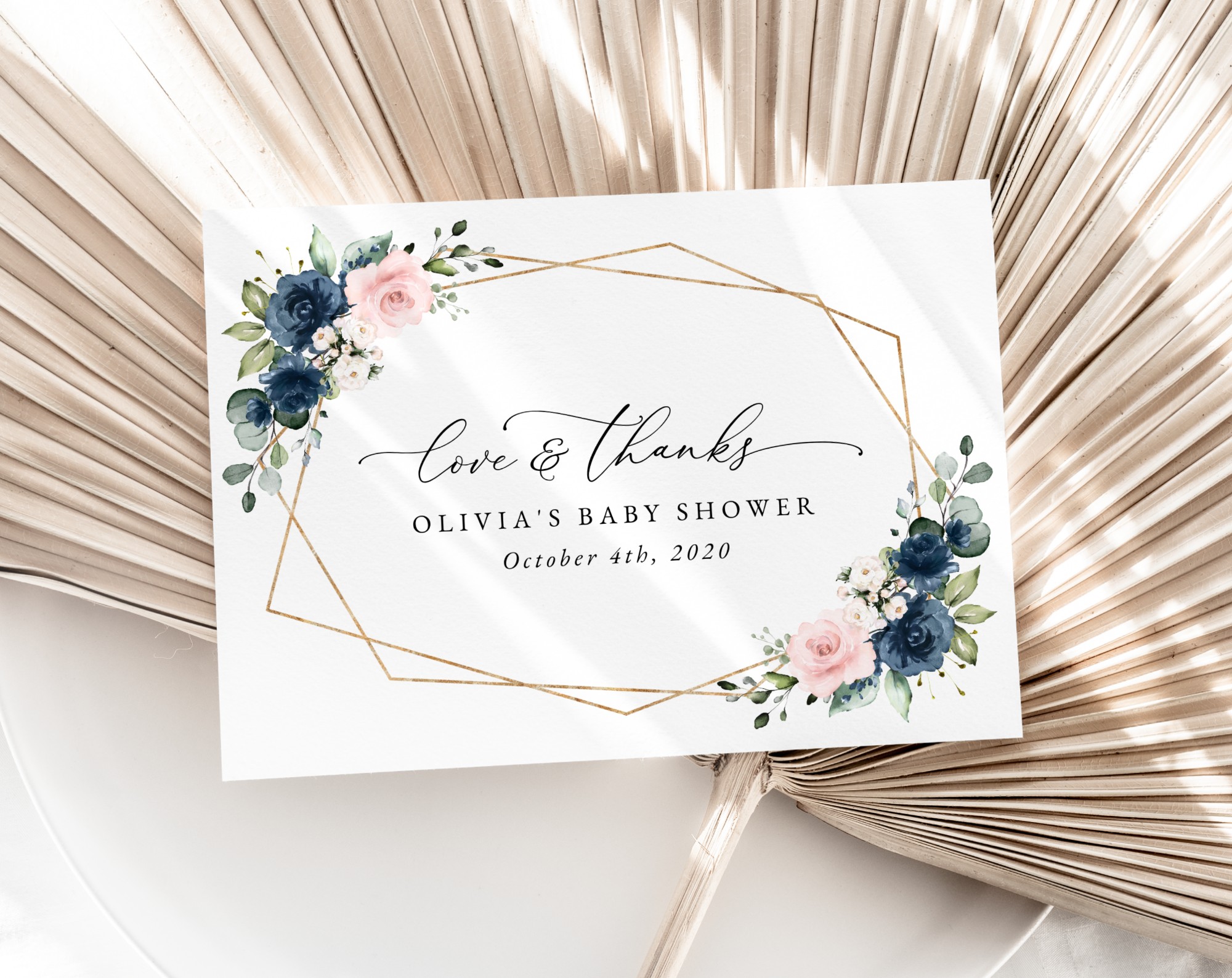 Navy and Pink Flowers Thank You Card, Girl Baby Shower, Printable File, Edit Yourself, SH215