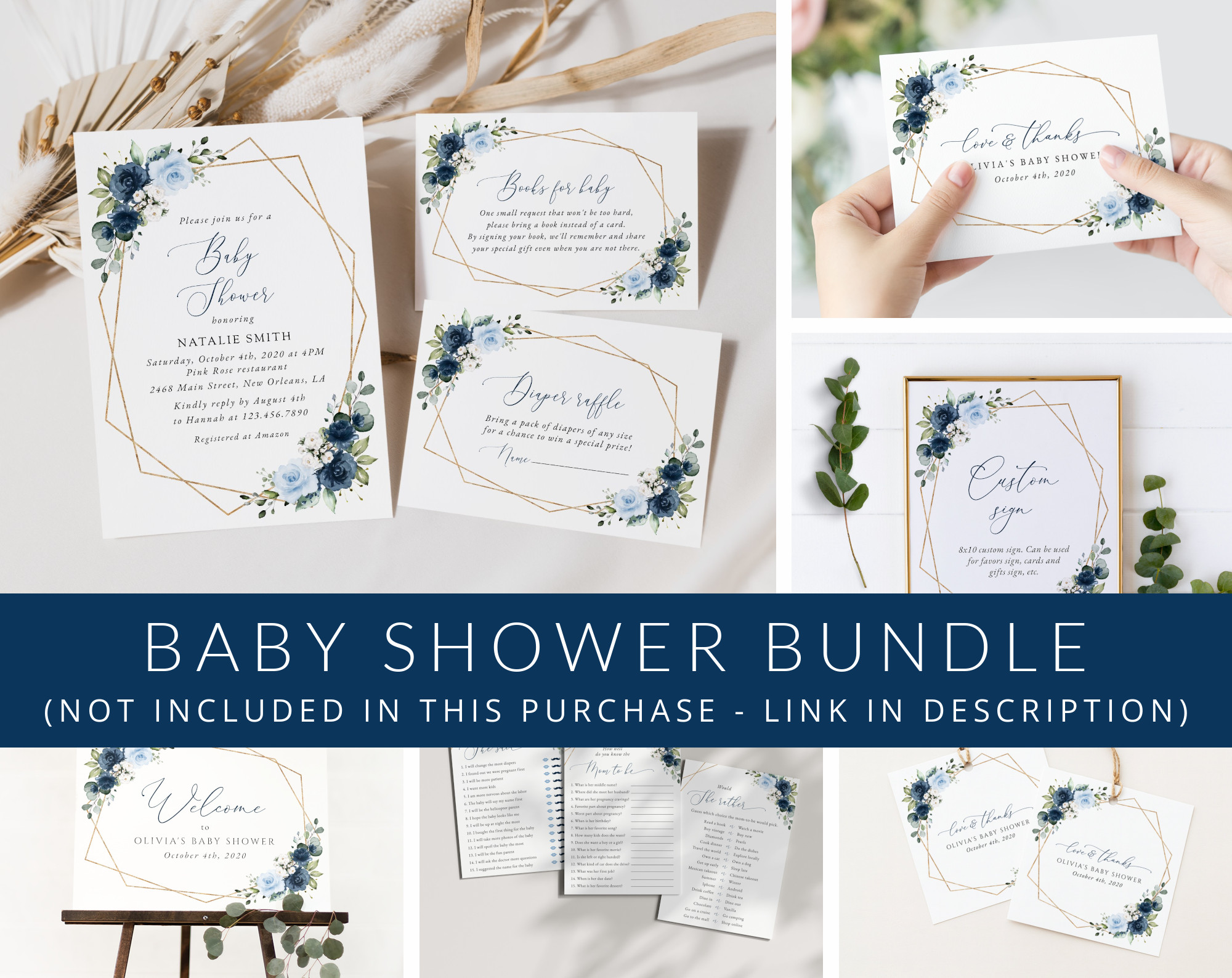 Navy and Blue Flowers Baby Shower Mini Bundle, Boy Baby Shower, Printable File, Edit Yourself, SH216 Navy and Blue Flowers Baby Shower Mini Bundle, Boy Baby Shower, Printable File, Edit Yourself, SH216