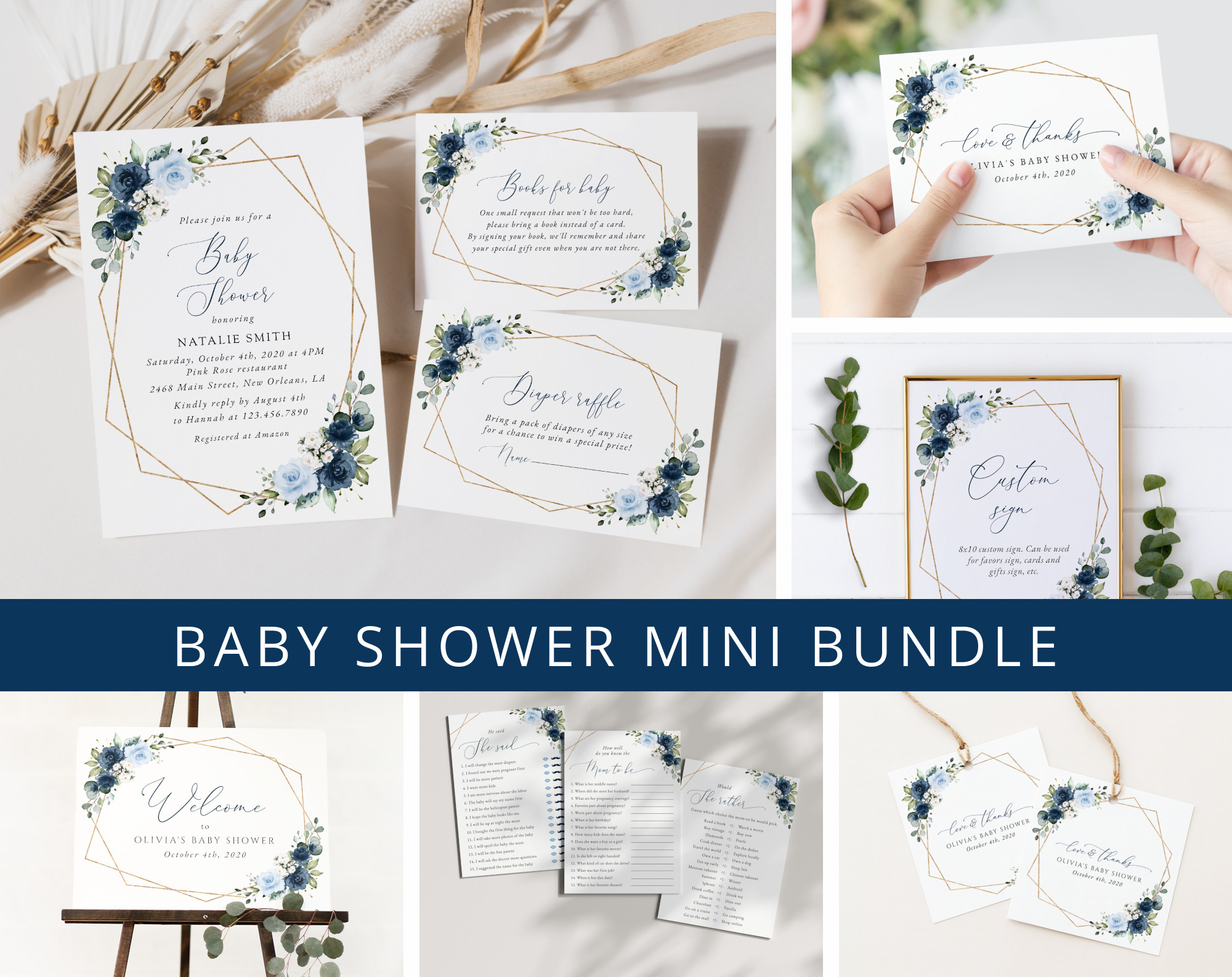 Navy and Blue Flowers Baby Shower Mini Bundle, Boy Baby Shower, Printable File, Edit Yourself, SH216 Navy and Blue Flowers Baby Shower Mini Bundle, Boy Baby Shower, Printable File, Edit Yourself, SH216