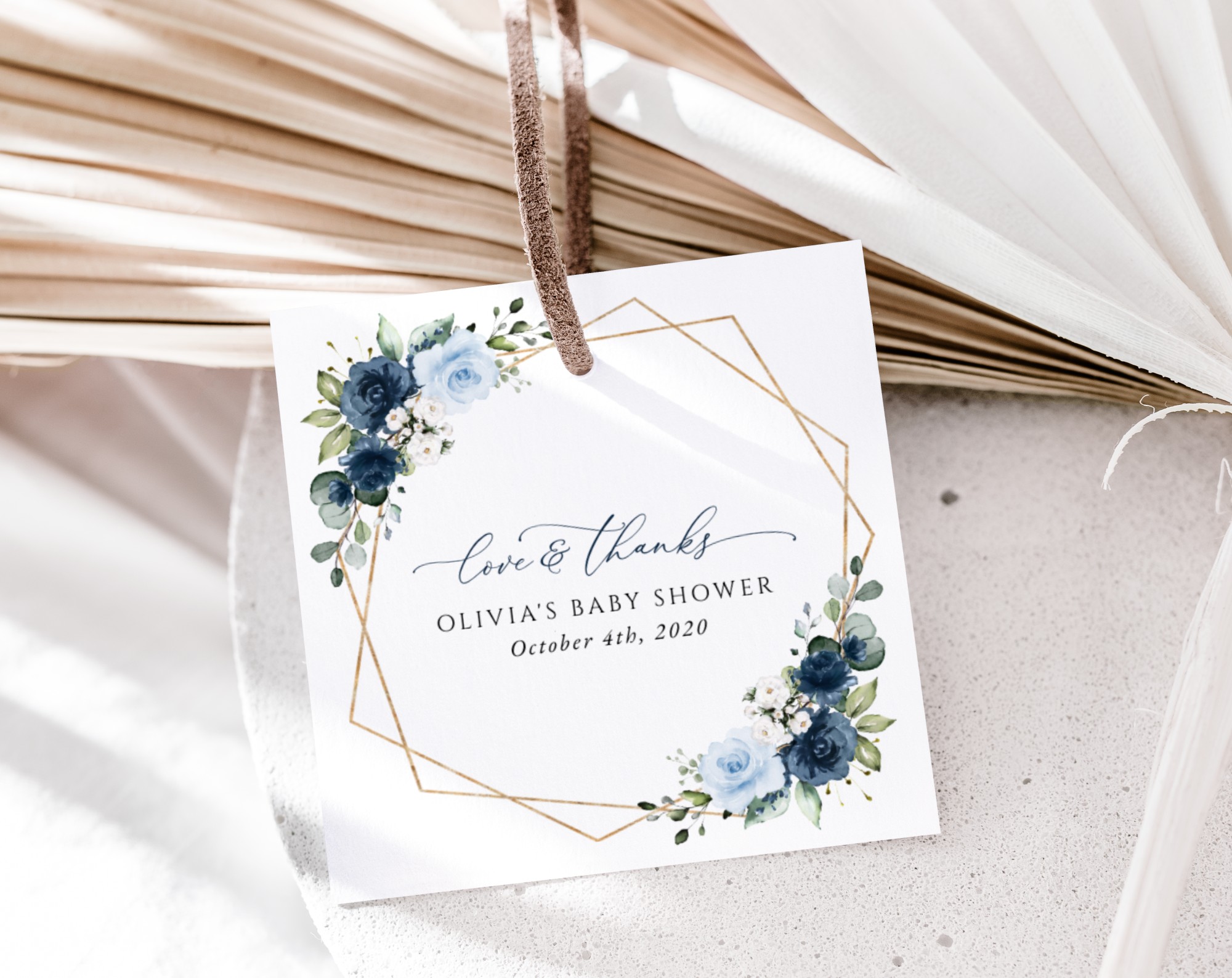 Navy and Blue Flowers Favor Tags, Gift Tags, Boy Baby Shower, Printable File, Edit Yourself, SH216