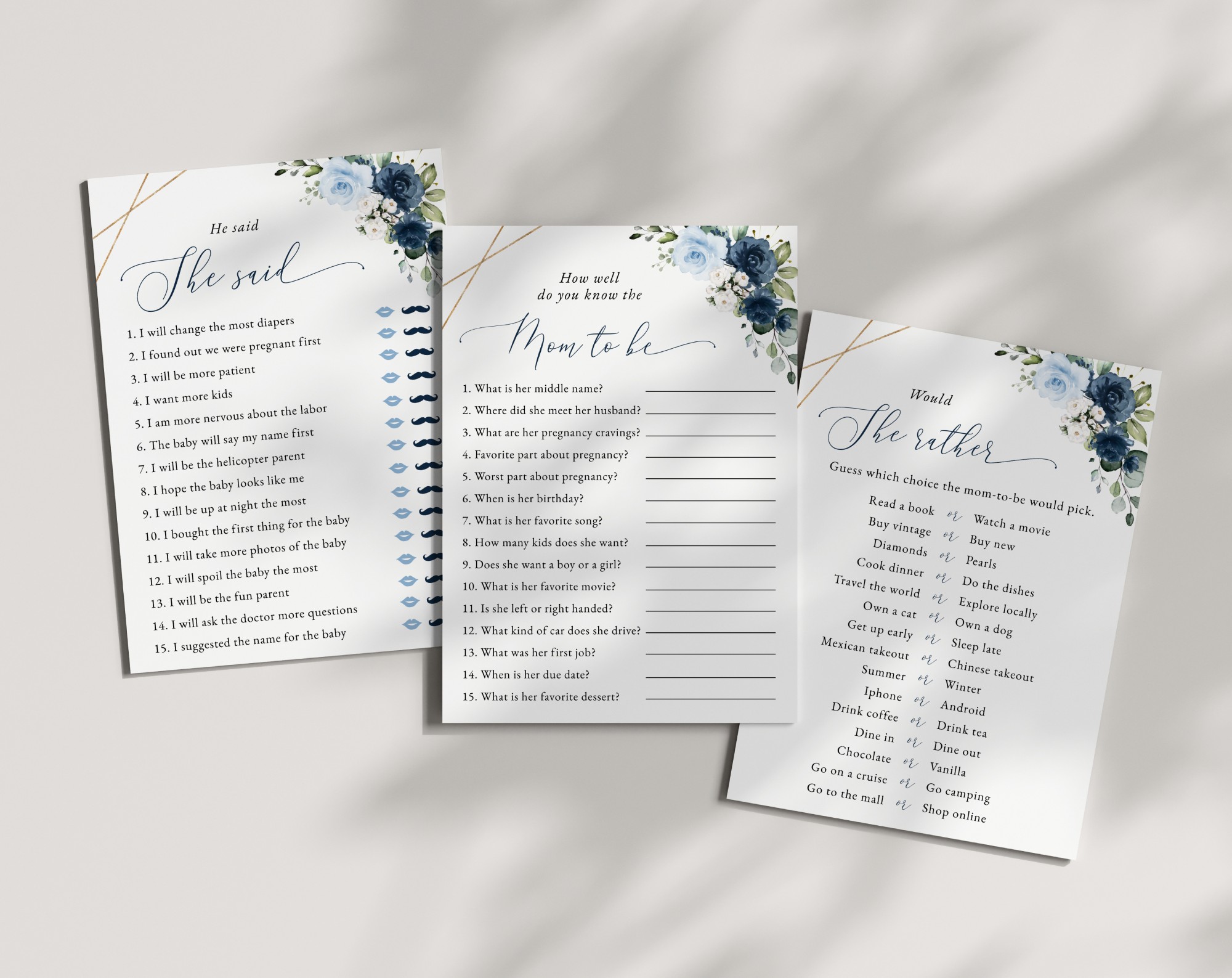 Navy and Blue Flowers Baby Shower Games, Set of 3 Games, Boy Baby Shower, Printable File, Edit Yourself, SH216 Navy and Blue Flowers Baby Shower Games, Set of 3 Games, Boy Baby Shower, Printable File, Edit Yourself, SH216