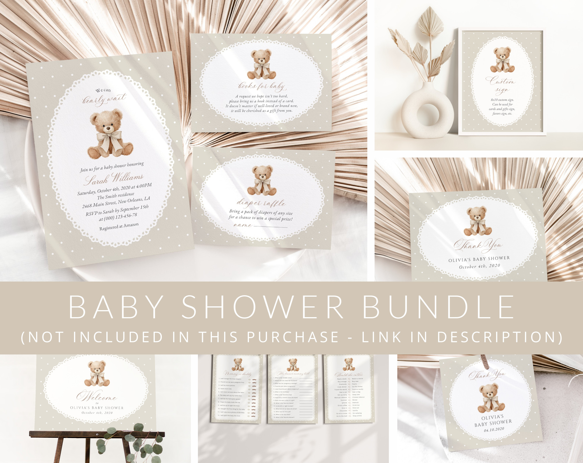 Bear and Beige Polka Dots Baby Shower Mini Bundle, Gender Neutral, Printable File, Edit Yourself, SH217 Bear and Beige Polka Dots Baby Shower Mini Bundle, Gender Neutral, Printable File, Edit Yourself, SH217