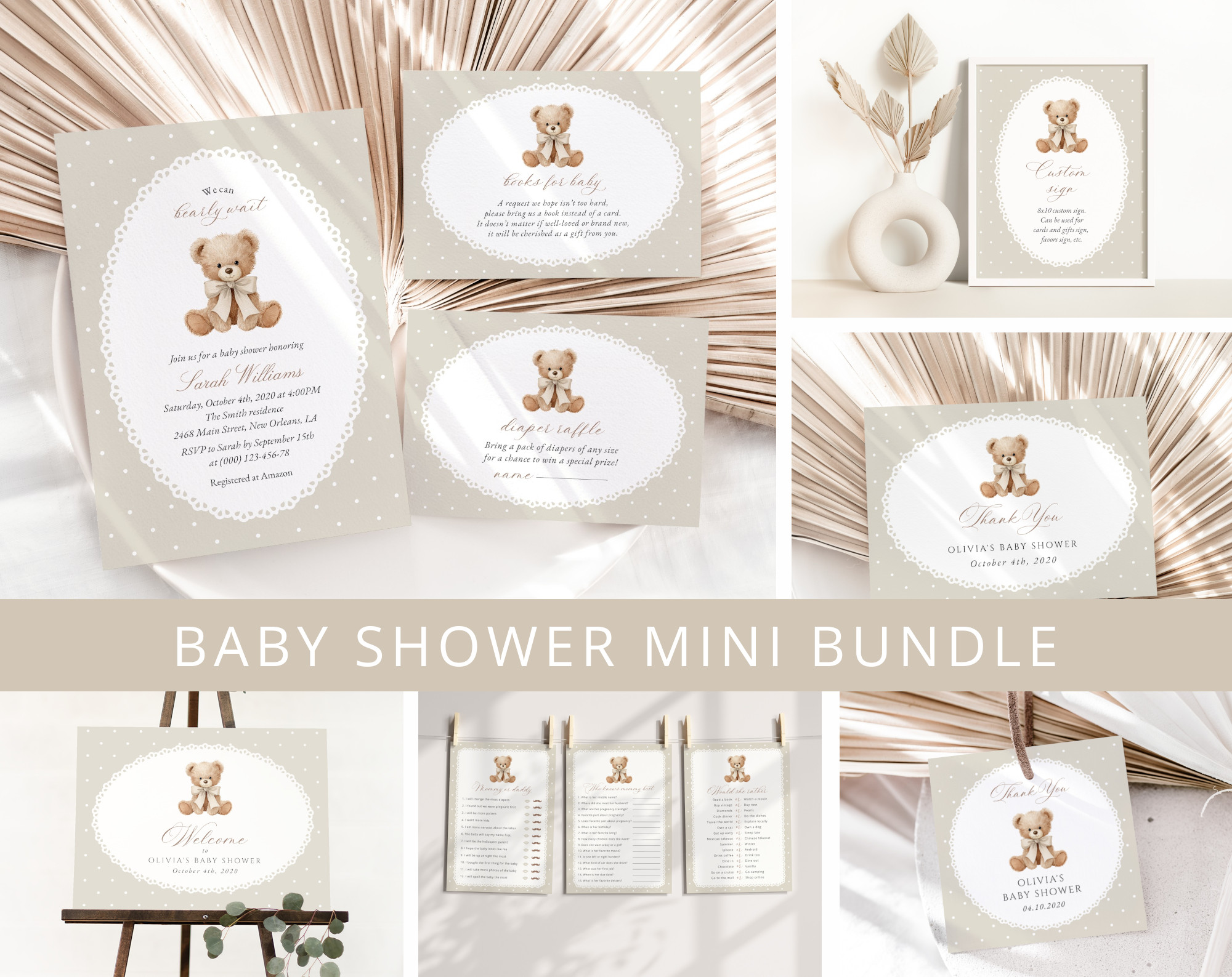 Bear and Beige Polka Dots Baby Shower Mini Bundle, Gender Neutral, Printable File, Edit Yourself, SH217