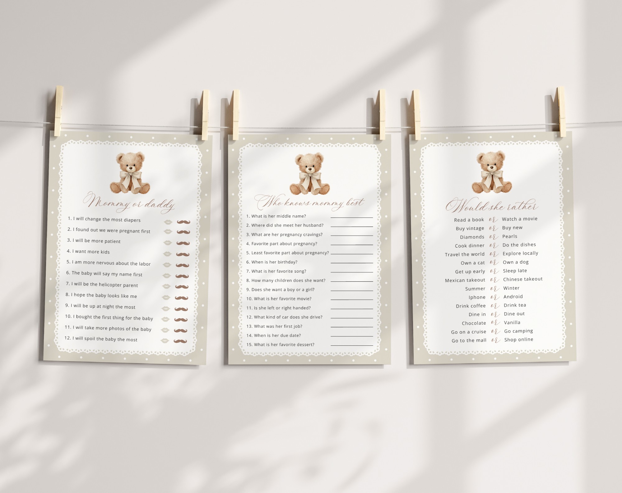 Bear and Beige Polka Dots Baby Shower Games, Set of 3 Games, Gender Neutral, Printable File, Edit Yourself, SH217