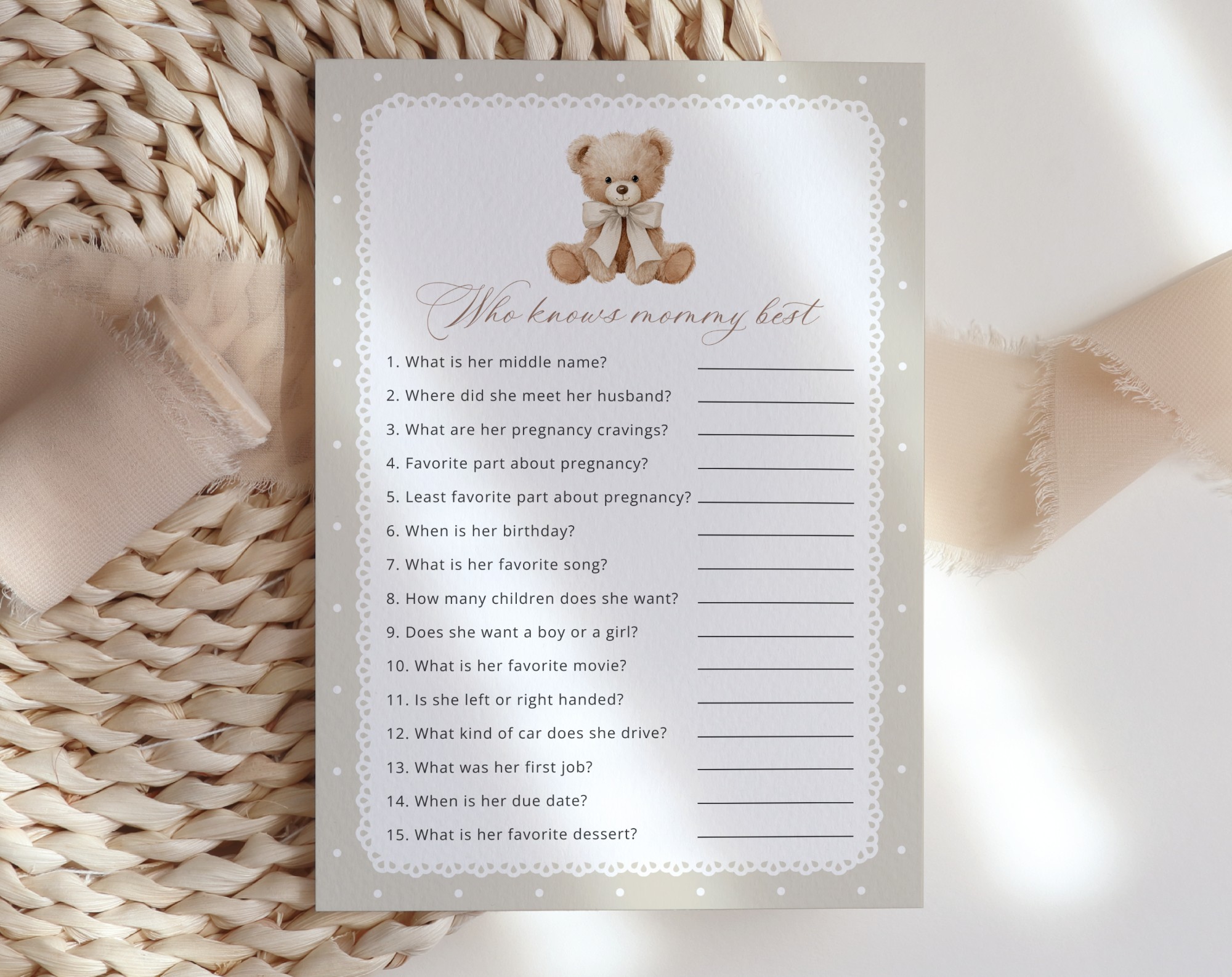 Bear and Beige Polka Dots Baby Shower Games, Set of 3 Games, Gender Neutral, Printable File, Edit Yourself, SH217