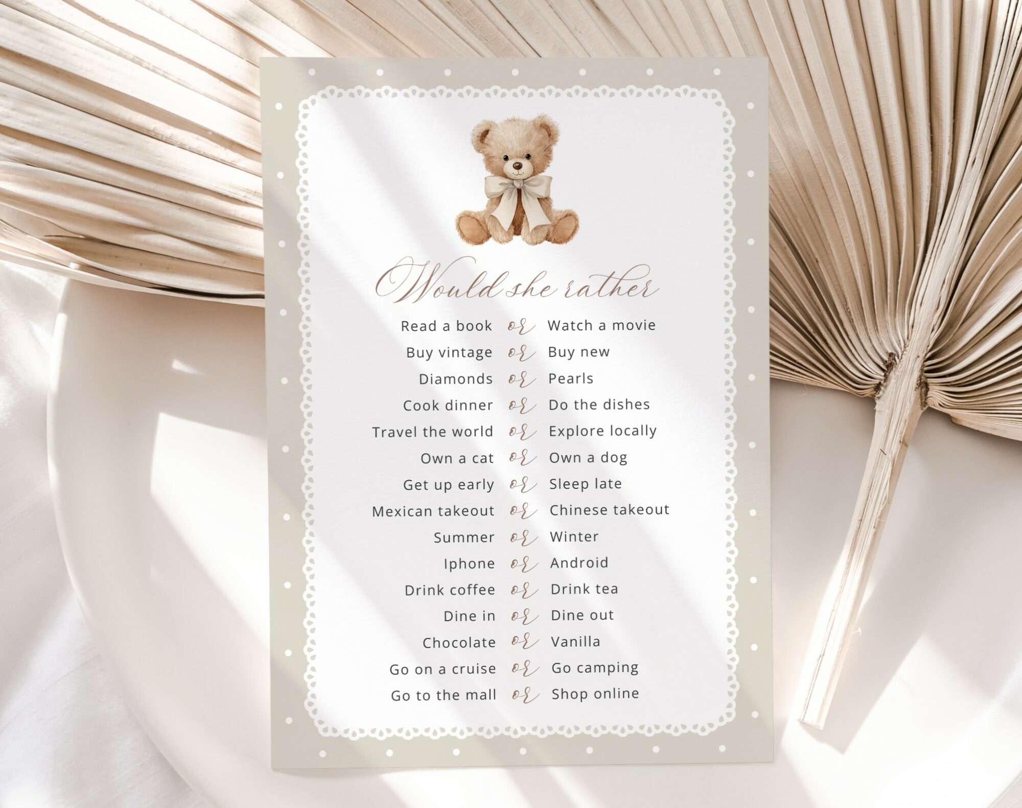 Bear and Beige Polka Dots Baby Shower Games, Set of 3 Games, Gender Neutral, Printable File, Edit Yourself, SH217