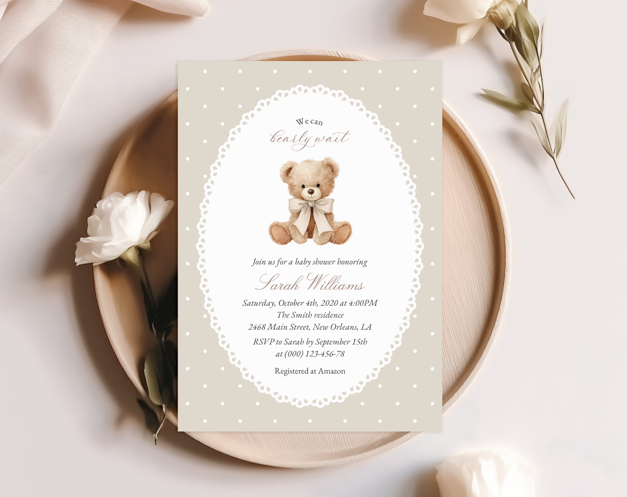 Bear and Beige Polka Dots Baby Shower Invitation, Gender Neutral, Printable File, Edit Yourself, SH217 Bear and Beige Polka Dots Baby Shower Invitation, Gender Neutral, Printable File, Edit Yourself, SH217