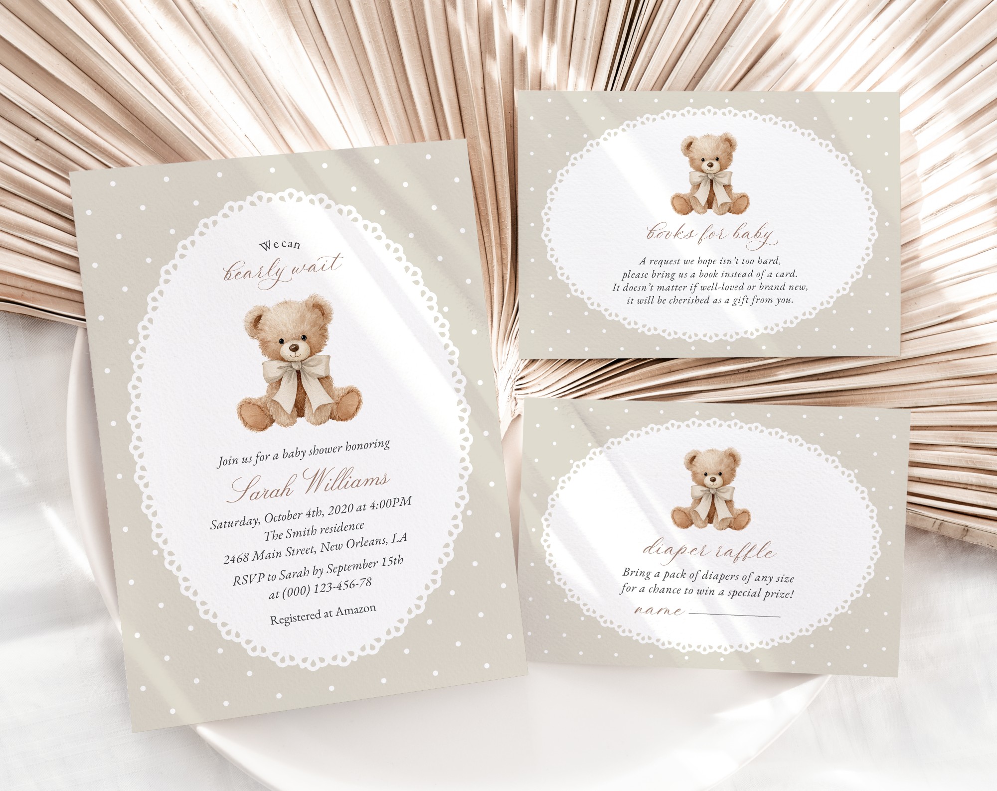 Bear and Beige Polka Dots Baby Shower Invitation Suite, Gender Neutral, Printable File, Edit Yourself, SH217 Bear and Beige Polka Dots Baby Shower Invitation Suite, Gender Neutral, Printable File, Edit Yourself, SH217