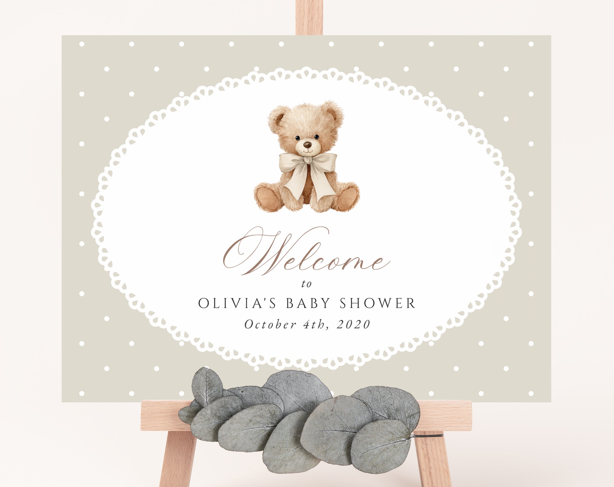 Bear and Beige Polka Dots Welcome Sign, Baby Shower Sign, Gender Neutral, Printable File, Edit Yourself, SH217