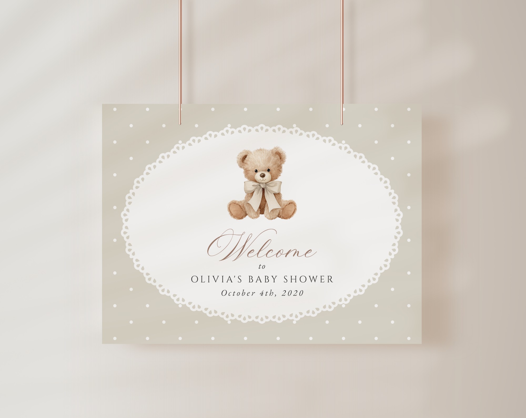 Bear and Beige Polka Dots Welcome Sign, Baby Shower Sign, Gender Neutral, Printable File, Edit Yourself, SH217