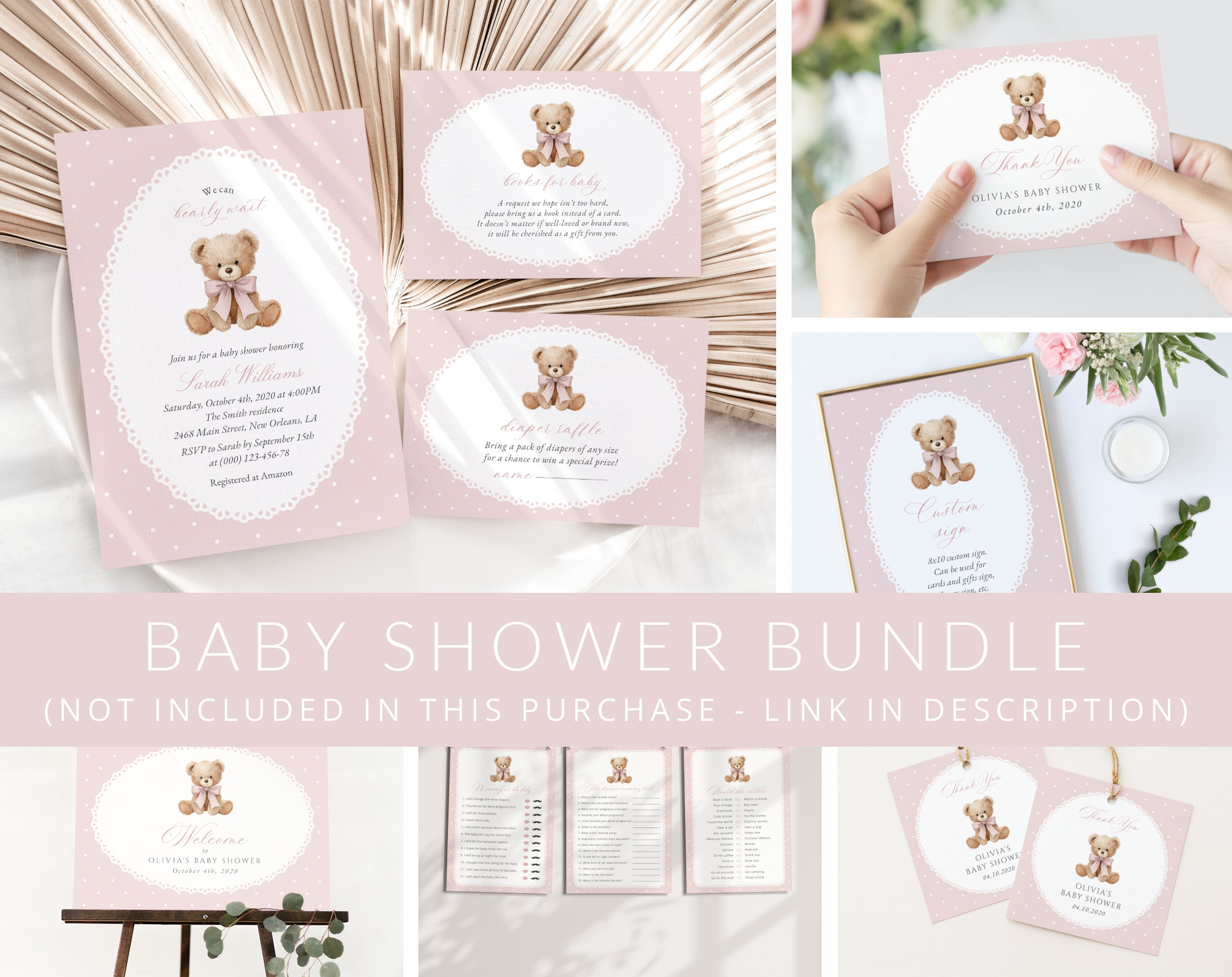 Bear and Pink Polka Dots Baby Shower Mini Bundle, Girl Baby Shower, Printable File, Edit Yourself, SH218 Bear and Pink Polka Dots Baby Shower Mini Bundle, Girl Baby Shower, Printable File, Edit Yourself, SH218