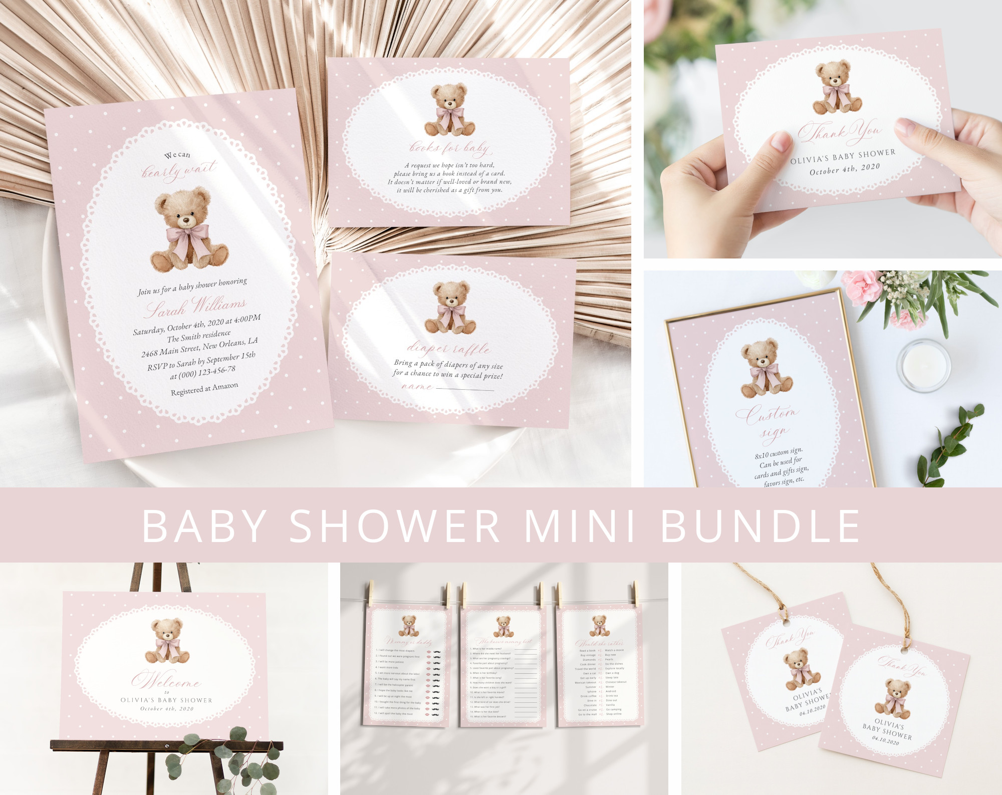 Bear and Pink Polka Dots Baby Shower Mini Bundle, Girl Baby Shower, Printable File, Edit Yourself, SH218