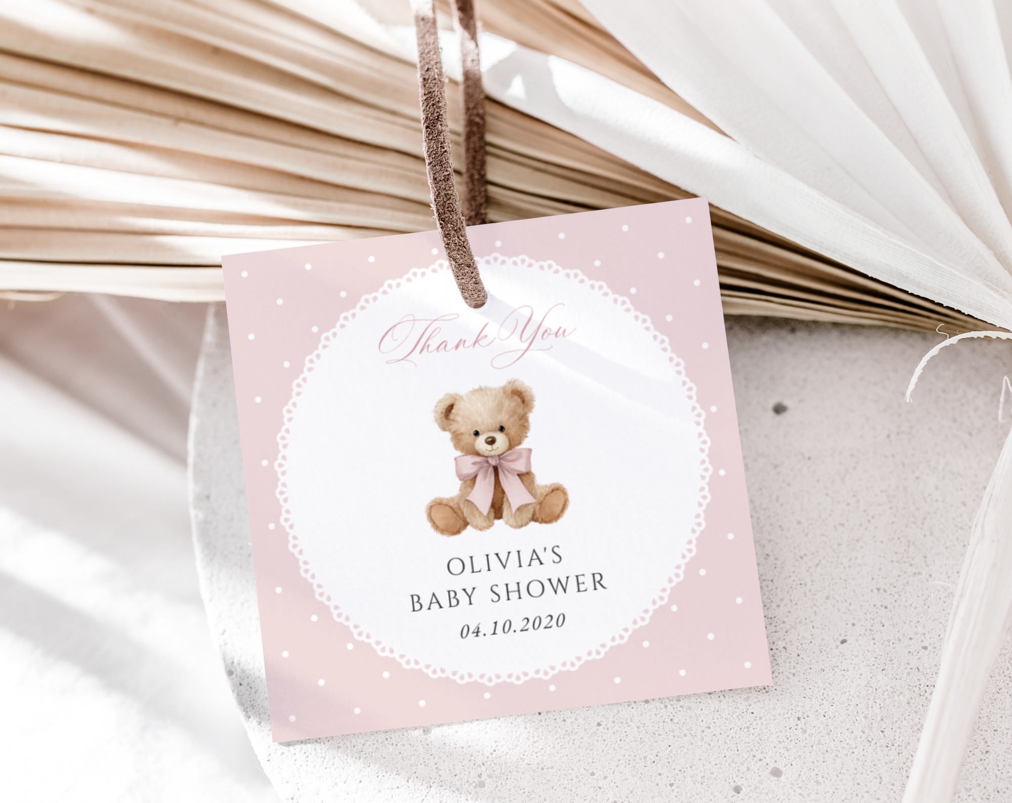 Bear and Pink Polka Dots Favor Tags, Gift Tags, Girl Baby Shower, Printable File, Edit Yourself, SH218