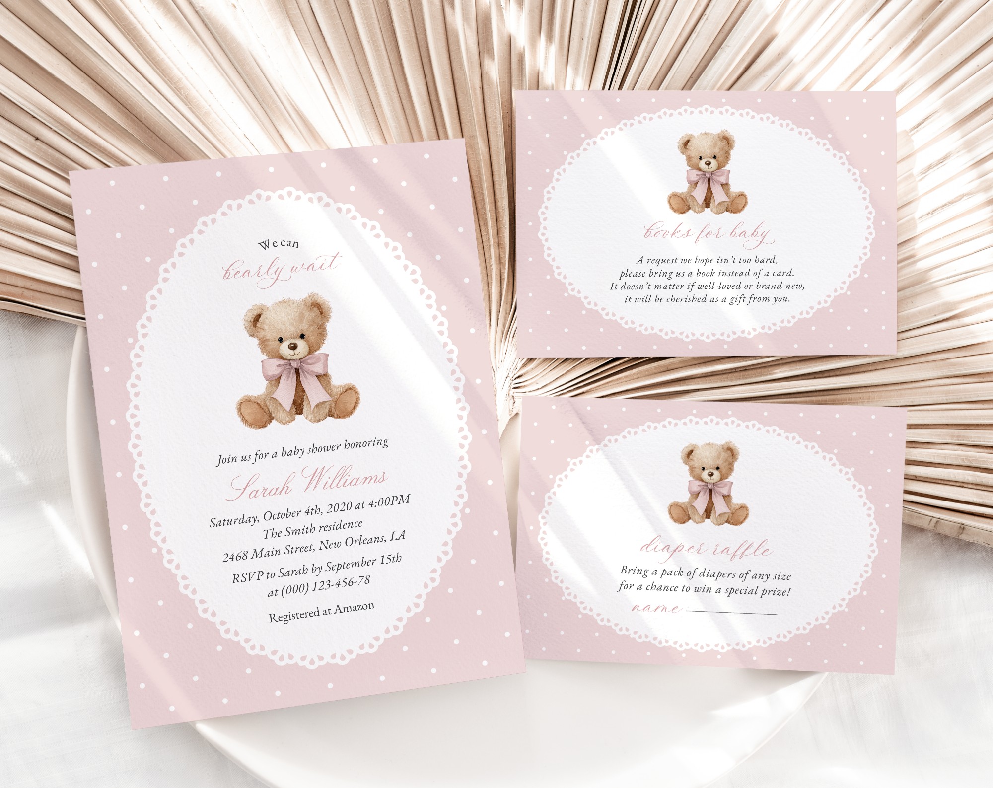 Bear and Pink Polka Dots Baby Shower Invitation Suite, Girl Baby Shower, Printable File, Edit Yourself, SH218