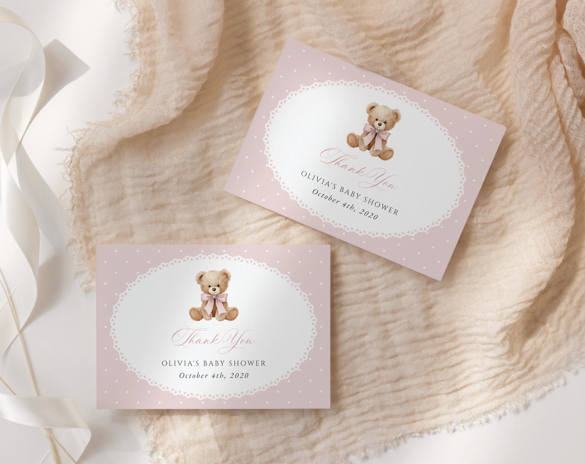 Bear and Pink Polka Dots Thank You Card, Girl Baby Shower, Printable File, Edit Yourself, SH218