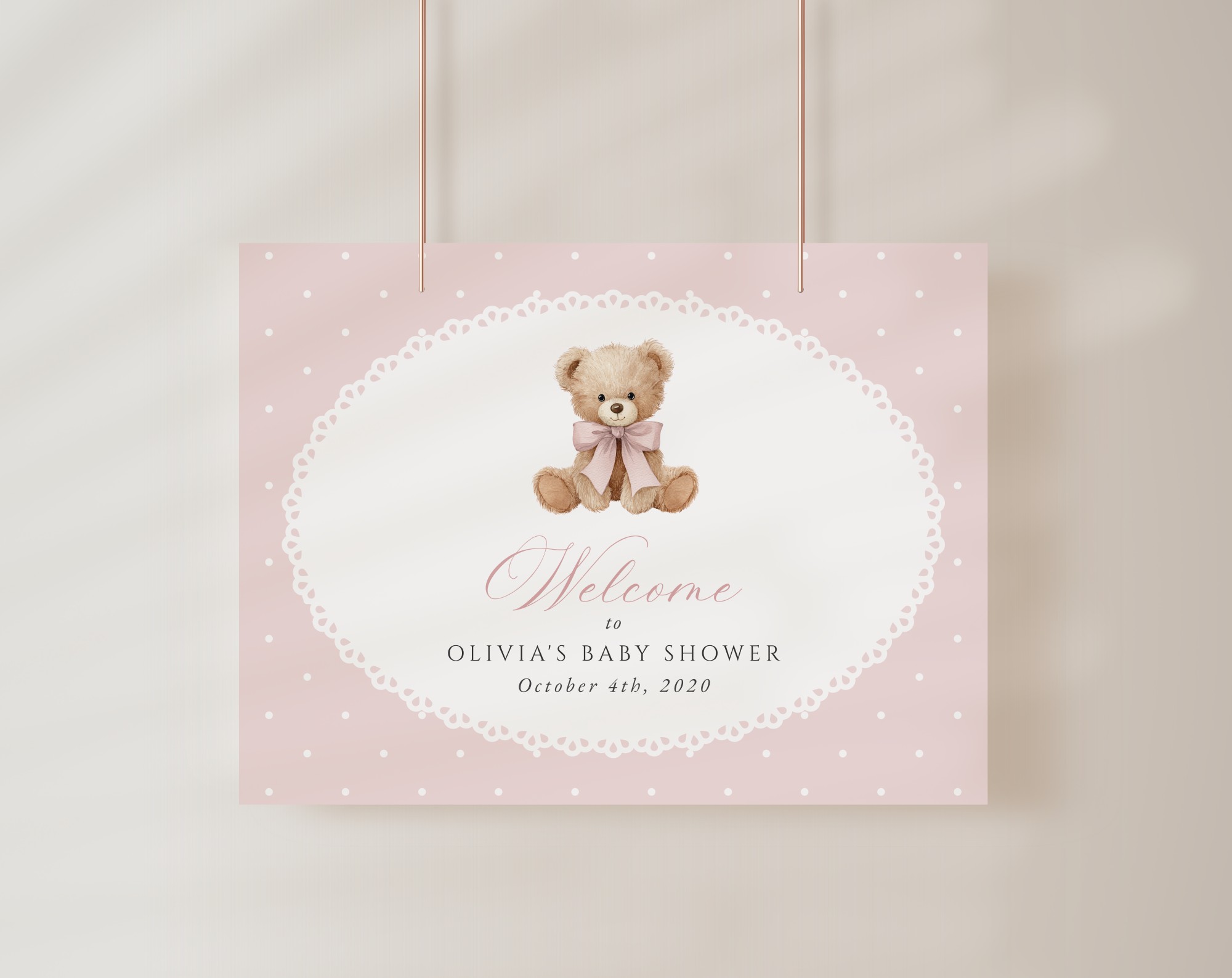 Bear and Pink Polka Dots Welcome Sign, Baby Shower Sign, Girl Baby Shower, Printable File, Edit Yourself, SH218 Bear and Pink Polka Dots Welcome Sign, Baby Shower Sign, Girl Baby Shower, Printable File, Edit Yourself, SH218
