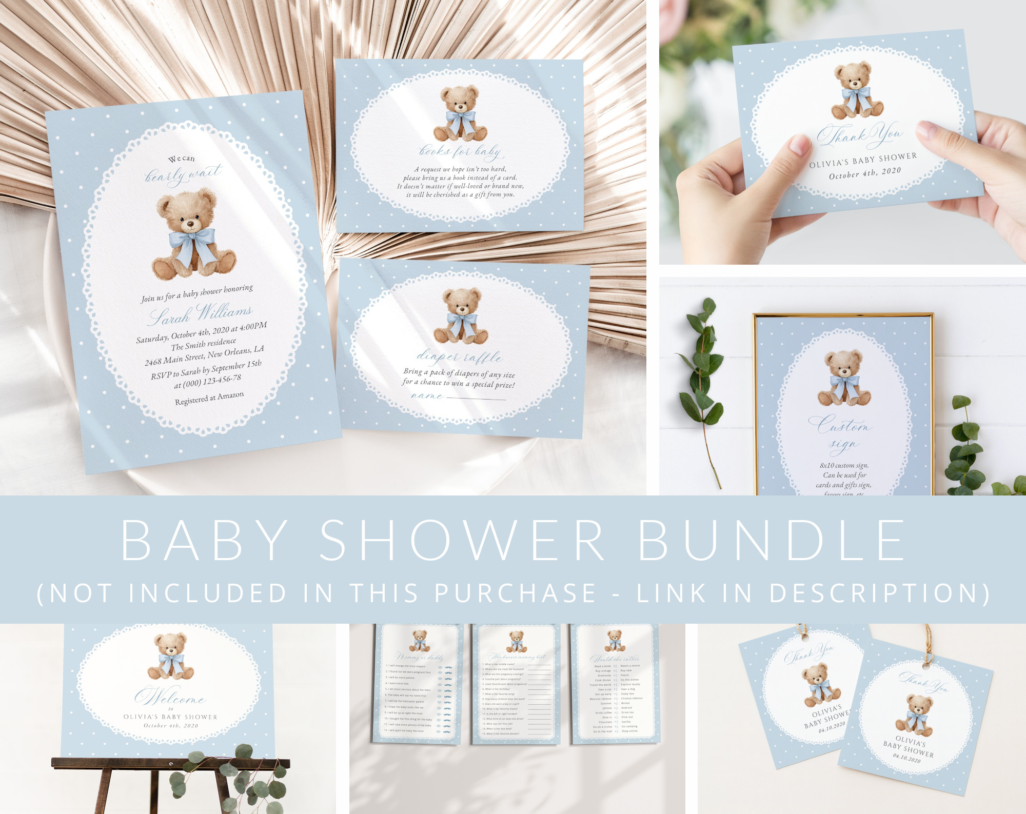 Bear and Blue Polka Dots Baby Shower Mini Bundle, Boy Baby Shower, Printable File, Edit Yourself, SH219
