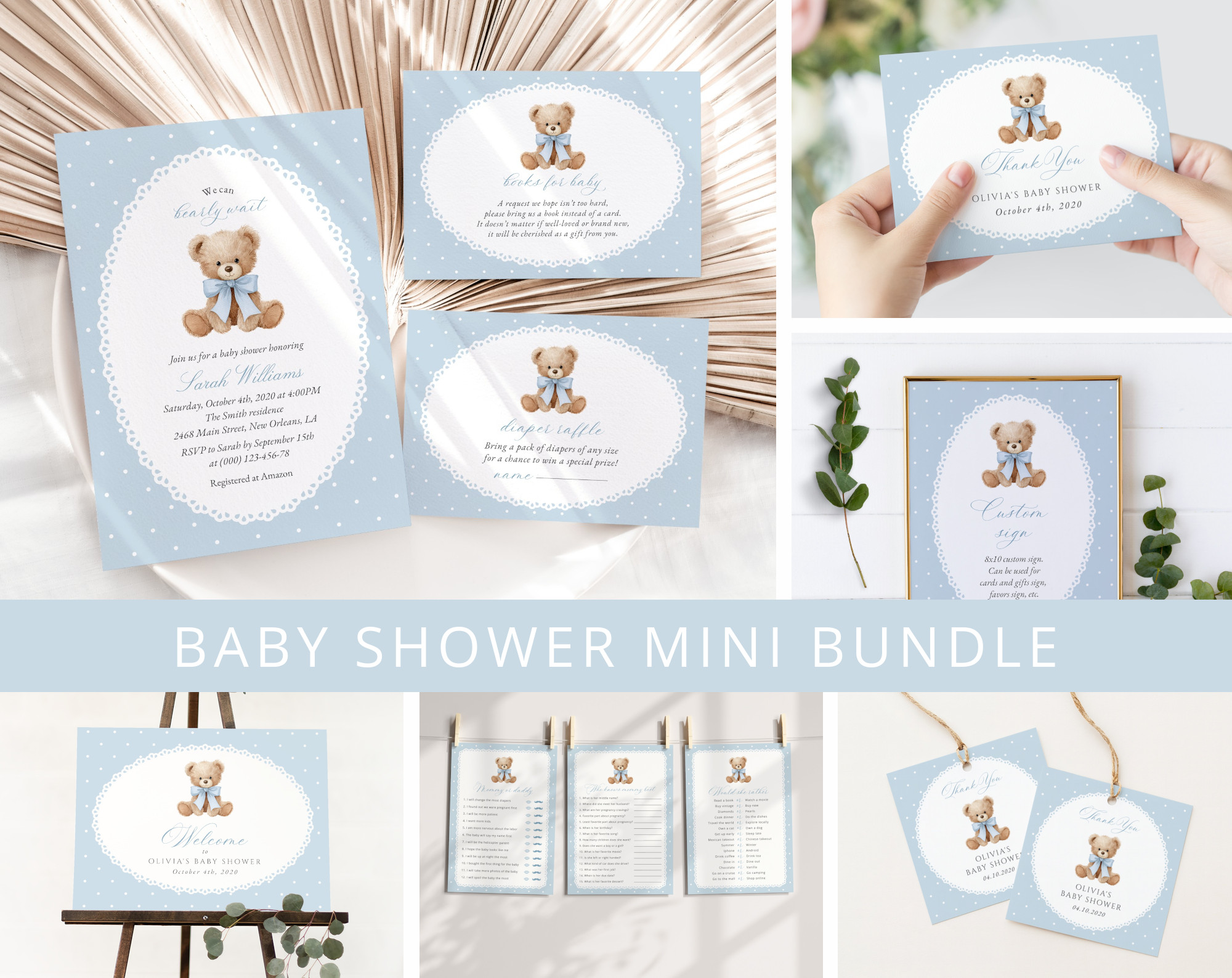 Bear and Blue Polka Dots Baby Shower Mini Bundle, Boy Baby Shower, Printable File, Edit Yourself, SH219 Bear and Blue Polka Dots Baby Shower Mini Bundle, Boy Baby Shower, Printable File, Edit Yourself, SH219