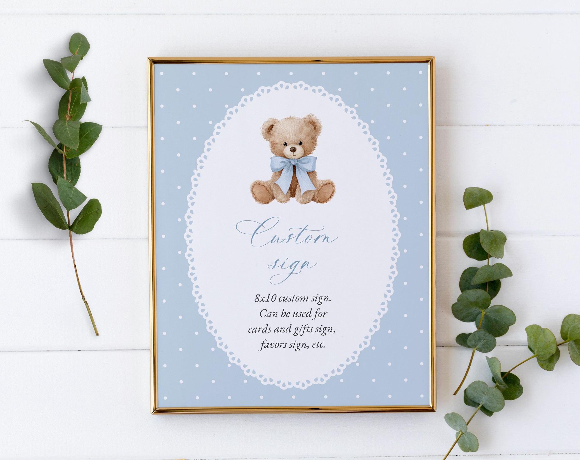 Bear and Blue Polka Dots Custom Sign, Baby Shower Sign, Boy Baby Shower, Printable File, Edit Yourself, SH219