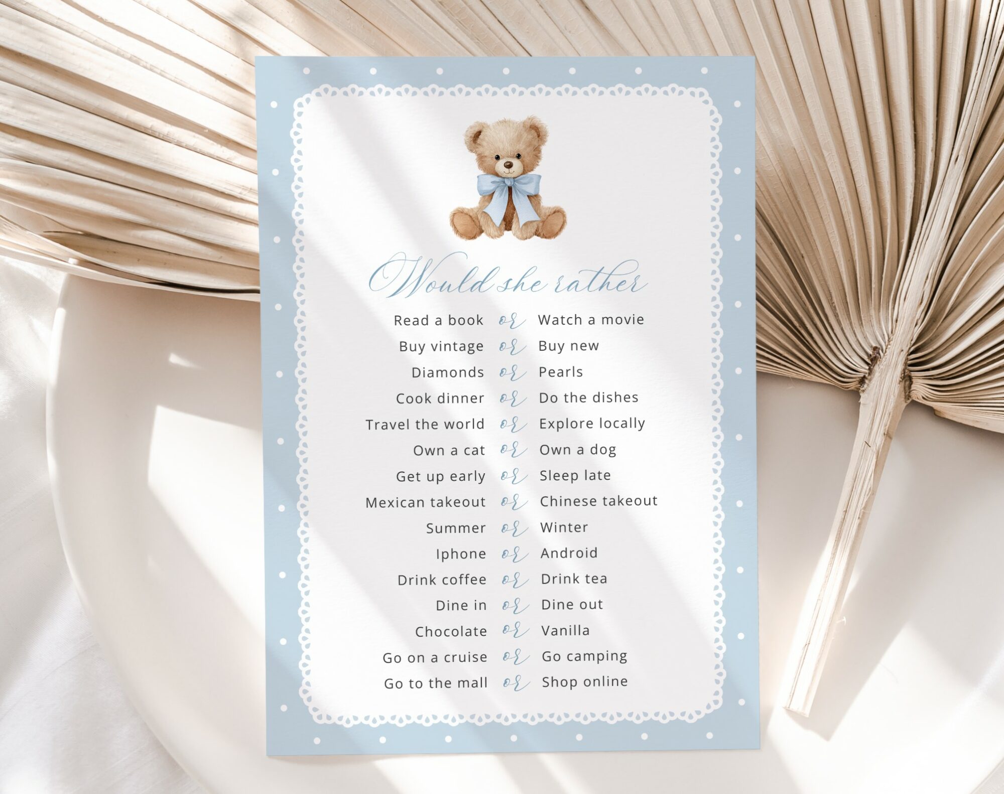 Bear and Blue Polka Dots Baby Shower Games, Set of 3 Games, Boy Baby Shower, Printable File, Edit Yourself, SH219