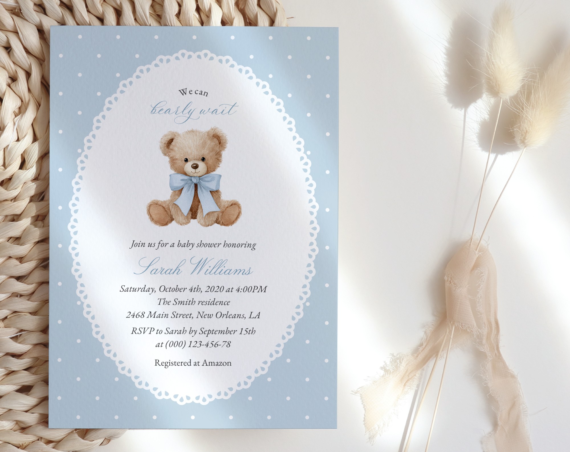 Bear and Blue Polka Dots Baby Shower Invitation, Boy Baby Shower, Printable File, Edit Yourself, SH219